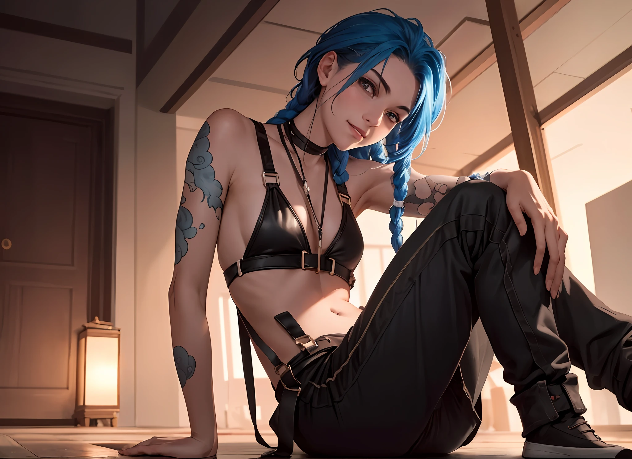 analog style， model shoot style， raw（approximate：1.4） 's （JinxLol：1.1）， Center face， 1 girl sitting on a motorcycle，body complet，Black suspenders，Black boxer pants，Hold your chin with both hands，There are wounds on the body， Pout，glaring eyes（shiny pink eyes：1.7， blue hairs）， （shining body）， （Hands off the camera）， looking looking at viewer，
（（wicked：1.3，head lowered：1.3，the night：1.3，dreads：1.3，terrifed：1.3，Contracted pupils：1.7，maniacal smile：1.6）），mediuml breasts，Arm tattoos，stomach tattoo，（Blood on the face：1.5），
beste-Qualit，Epic（Photo of Lee Jeffries，Sony A7，50 millimeters，pores：1.5，a color，hyper-detailing：1.5，filmgrain：1.4，
ultra realisitic：1.5），Ultra-realistic lifelike textures，masterpaintings，Unreal Engine5，extremely detailed CG Unity 8k wallpapers，realisticeyes，
Crazy meticulous photos，（ecstasy of light and shadow，Dark deep shadows），（Winner of the Pulitzer Prize for Photography and Taylor Wessing Photographic Prize）