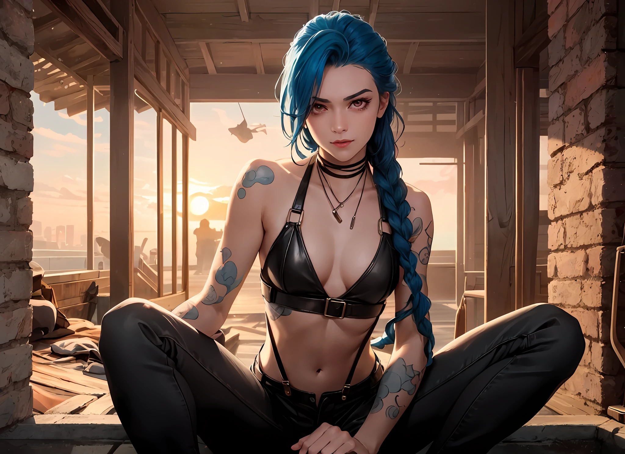 analog style, model shoot style, raw(approximate:1.4) 's (JinxLol:1.1), Center face, 1 girl sitting on a motorcycle,body complet,Black suspenders,Black boxer pants,Hold your chin with both hands,There are wounds on the body, Pout,glaring eyes(shiny pink eyes:1.7, blue hairs), (shining body), (Hands off the camera), looking looking at viewer,
((wicked:1.3,head lowered:1.3,the night:1.3,dreads:1.3,terrifed:1.3,Contracted pupils:1.7,maniacal smile:1.6)),mediuml breasts,Arm tattoos,stomach tattoo,(Blood on the face:1.5),
beste-Qualit,Epic(Photo of Lee Jeffries,Sony A7,50 millimeters,pores:1.5,a color,hyper-detailing:1.5,filmgrain:1.4,
ultra realisitic:1.5),Ultra-realistic lifelike textures,masterpaintings,Unreal Engine5,extremely detailed CG Unity 8k wallpapers,realisticeyes,
Crazy meticulous photos,(ecstasy of light and shadow,Dark deep shadows),(Winner of the Pulitzer Prize for Photography and Taylor Wessing Photographic Prize)