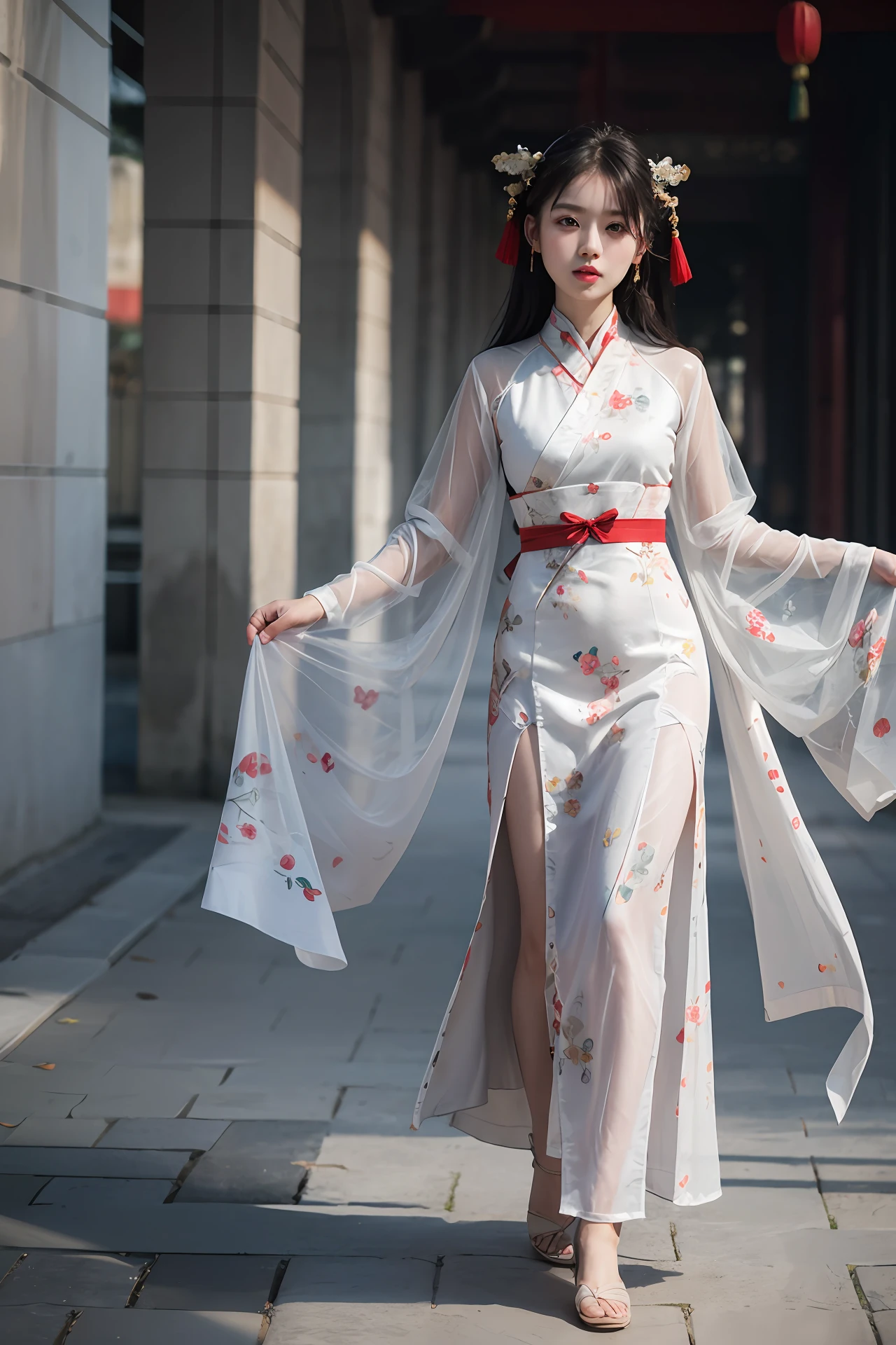 origami dress, full body photo of young lady in a sheer(((paper)))hanfu, (pale skin:1.377), material((Chinese paper)), (translucent), 8k uhd, dslr, soft lighting, high quality, film grain, Fujifilm XT3