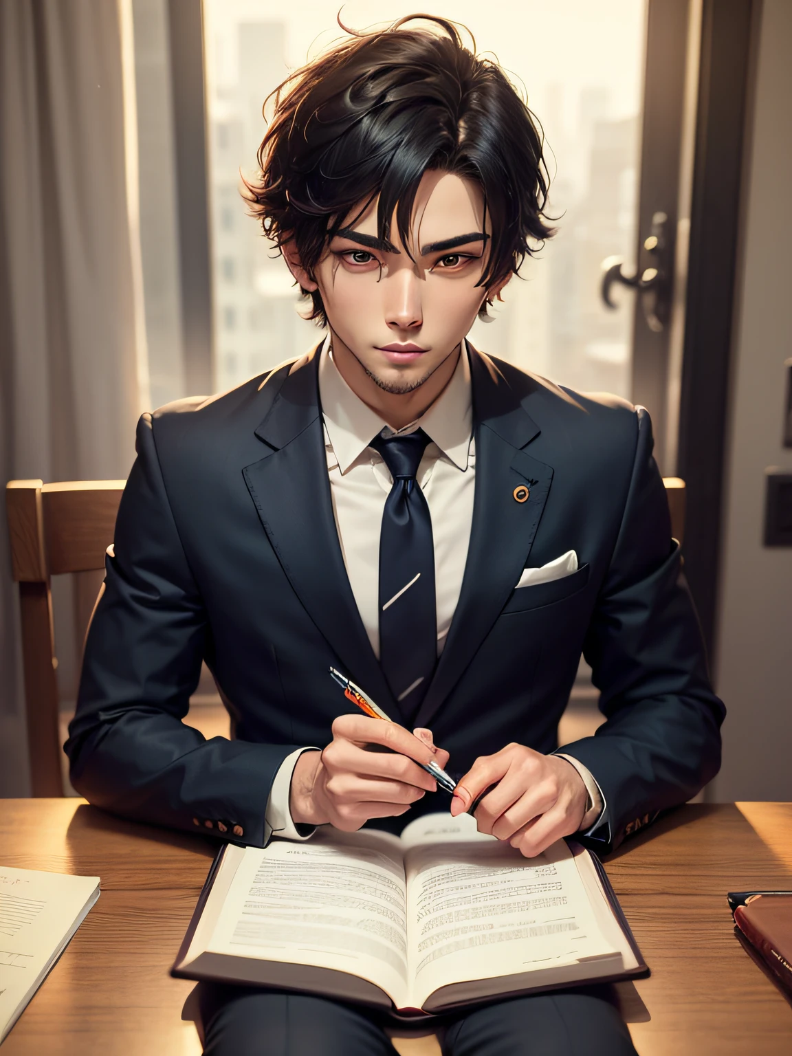 Anime men,Short Hair Hair,Handsome,Business suit,Hold the cheeks,book,pens, --auto