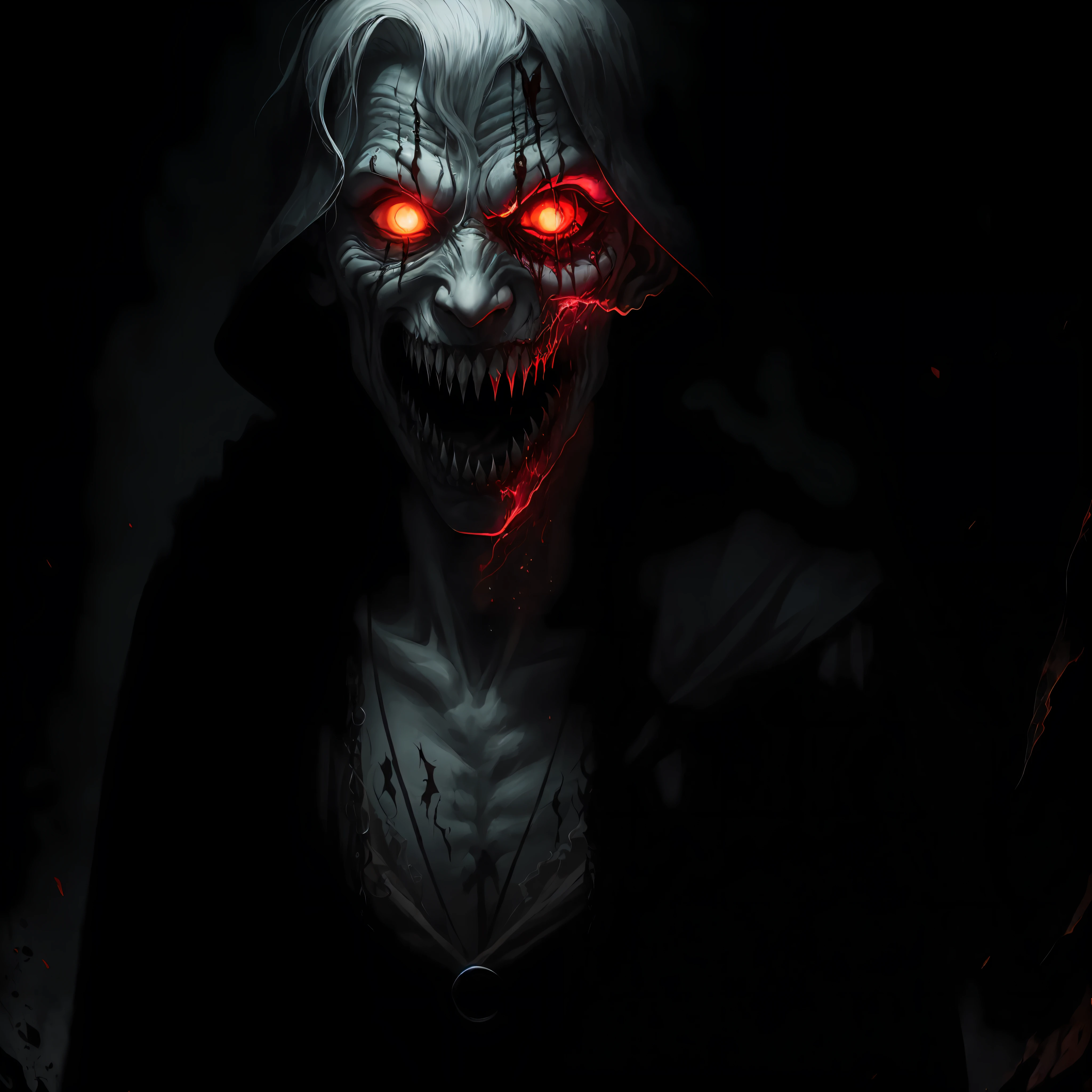 an image of an albino vampire, named Fien, that exudes horror and terror. Fien should be depicted with unnaturally pale skin, long and sharp fangs, and glowing red eyes that seem to pierce the soul. The overall mood of the image should be dark and ominous, with a sense of danger and dread emanating from Fien. The image should be composed with Fien in the center of the frame, with a desolate and eerie background that emphasizes the horror of the scene. The desired image quality should be ultra-high resolution, with deep shadows and rich textures that add to the sense of horror and dread. The composition should be carefully balanced to create a sense of unease and disorientation, drawing the viewer deeper into the nightmare of Fien the albino vampire. --auto