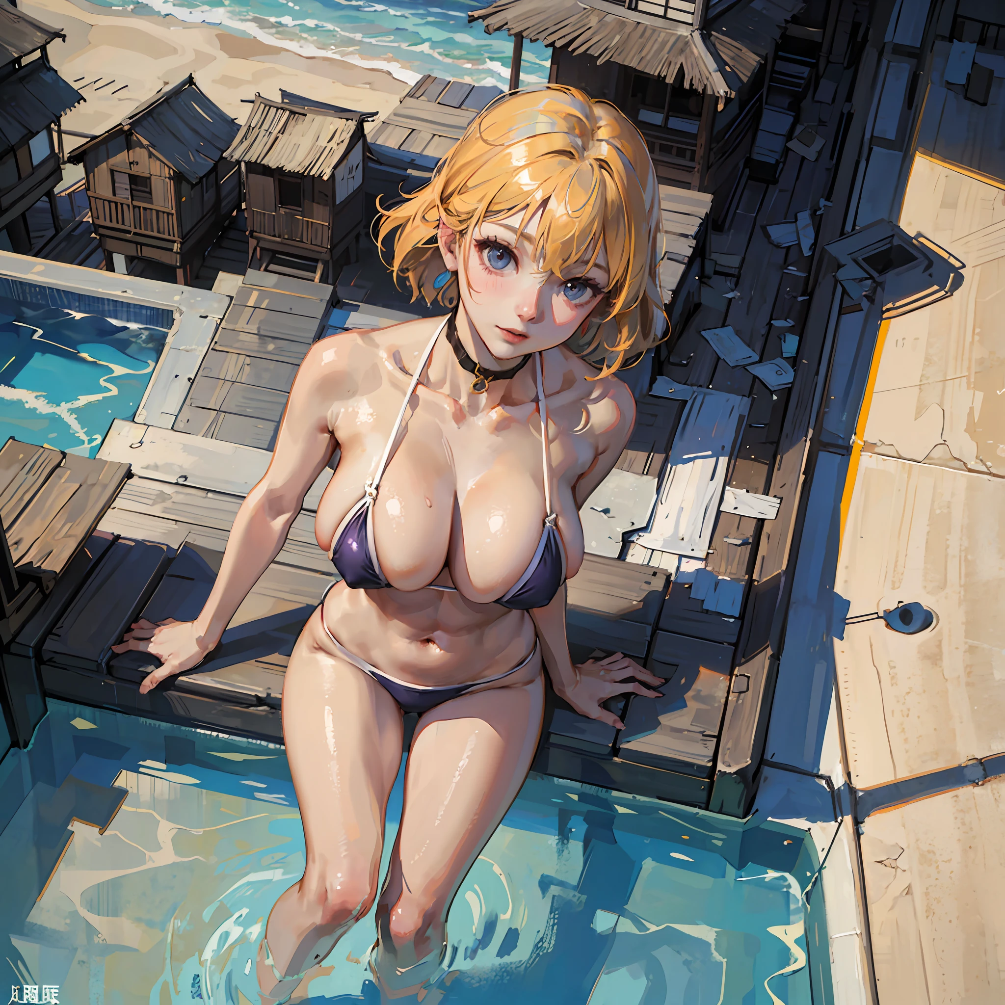 High school students、Scroll swimwear、gargantuan boobs、Beautiful face、short-hair、The pubic area is clearly visible from the top of the swimsuit、opening legs、japanes、((a backdrop of)) Rooftop Pool、(8K、Raw photography、masute piece) --auto