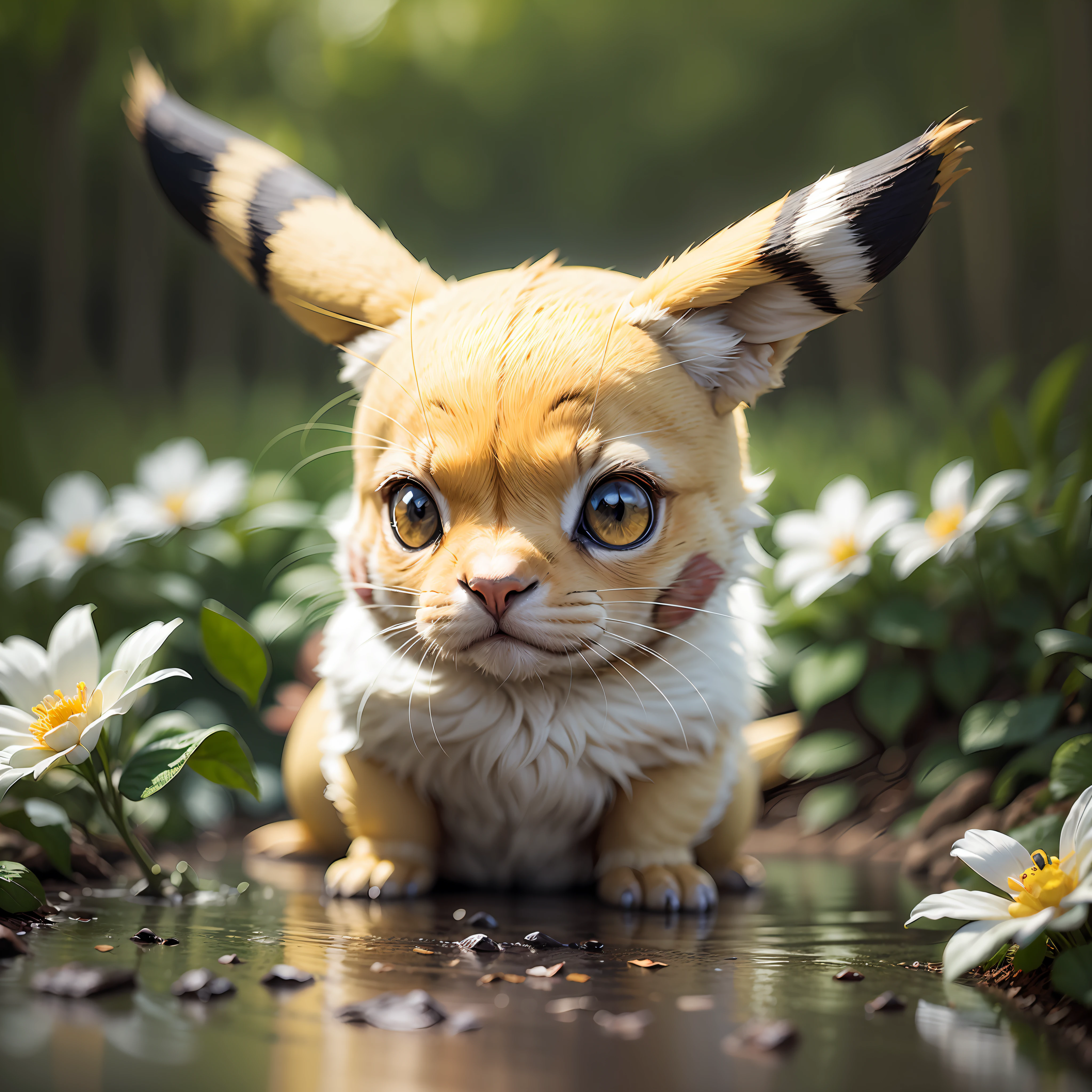 Pikachu portrait, blur, hyperreal, flower, nature, depth of field, to8contrast style