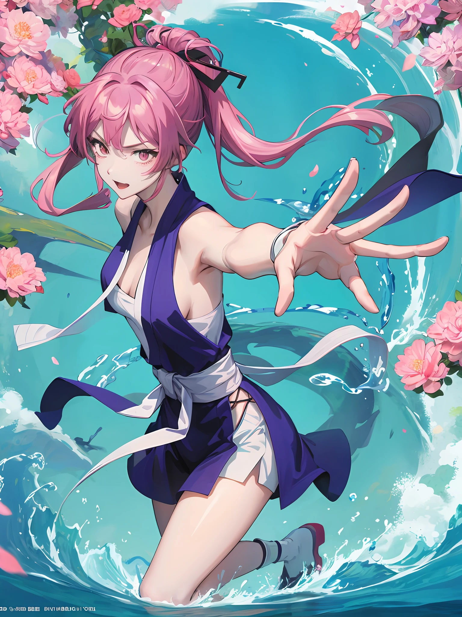 Beautiful woman,Flowing movements，assassins，Flowing and smooth movements，rich colour， In the water, Blossoming background，Seductive anime woman, kawacy, Splash art anime,  4k anime wallpaper