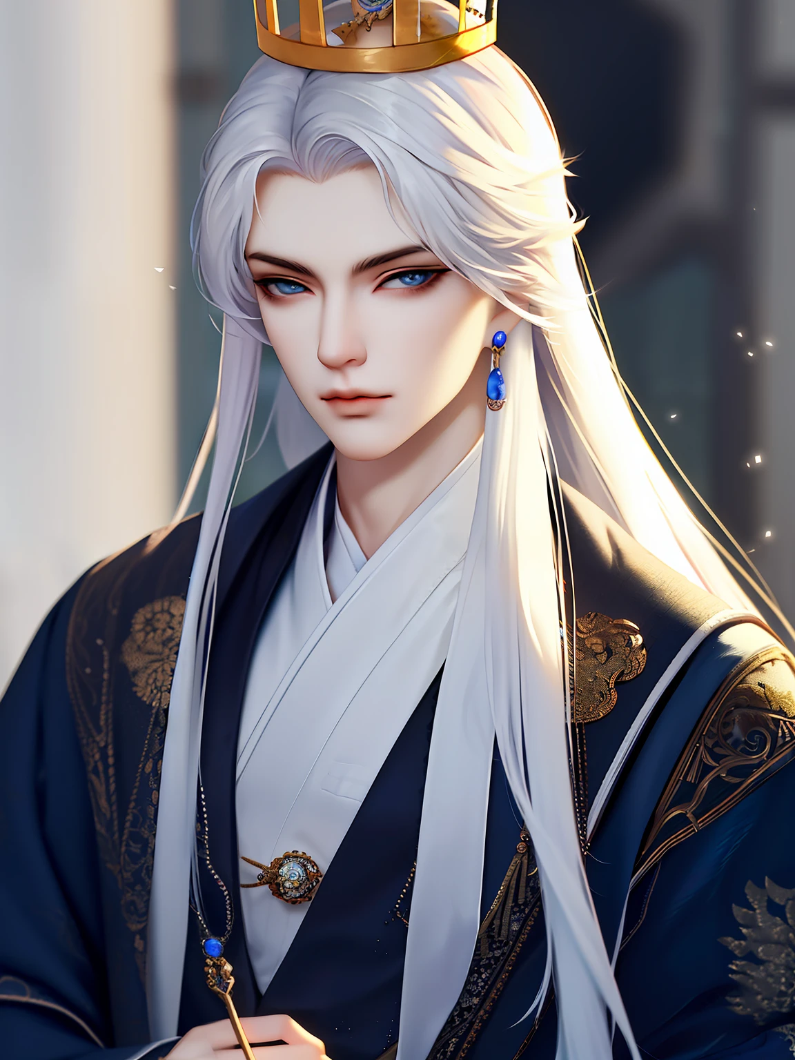 Best quality, masterpiece, highly detailed wallpaper, long hair, blue eyes, holding, blurry, long sleeves, blurry background, solo, 1boy, jewelry, white hair, chinese clothes, male focus, looking at viewer, crown, robe, hair ornament, closed mouth