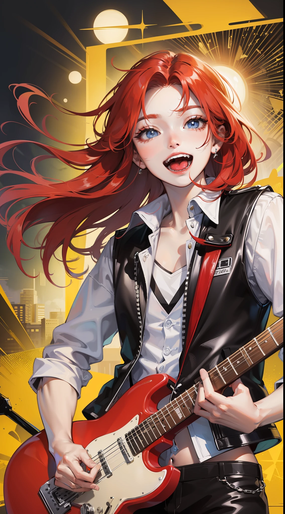 Young guy, Long red hair, blue eyes, red sleeveless leather vest, electric guitar, Cheerful smile, open mouth, Masterpiece, high qulity