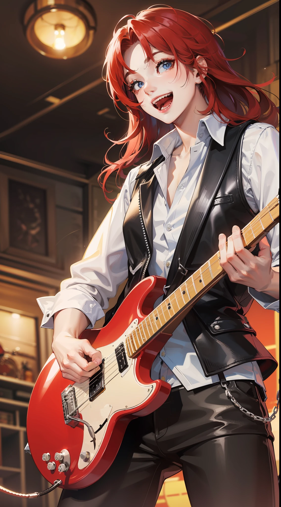 Young guy, Long red hair, blue eyes, red sleeveless leather vest, electric guitar, Cheerful smile, open mouth, Masterpiece, high qulity