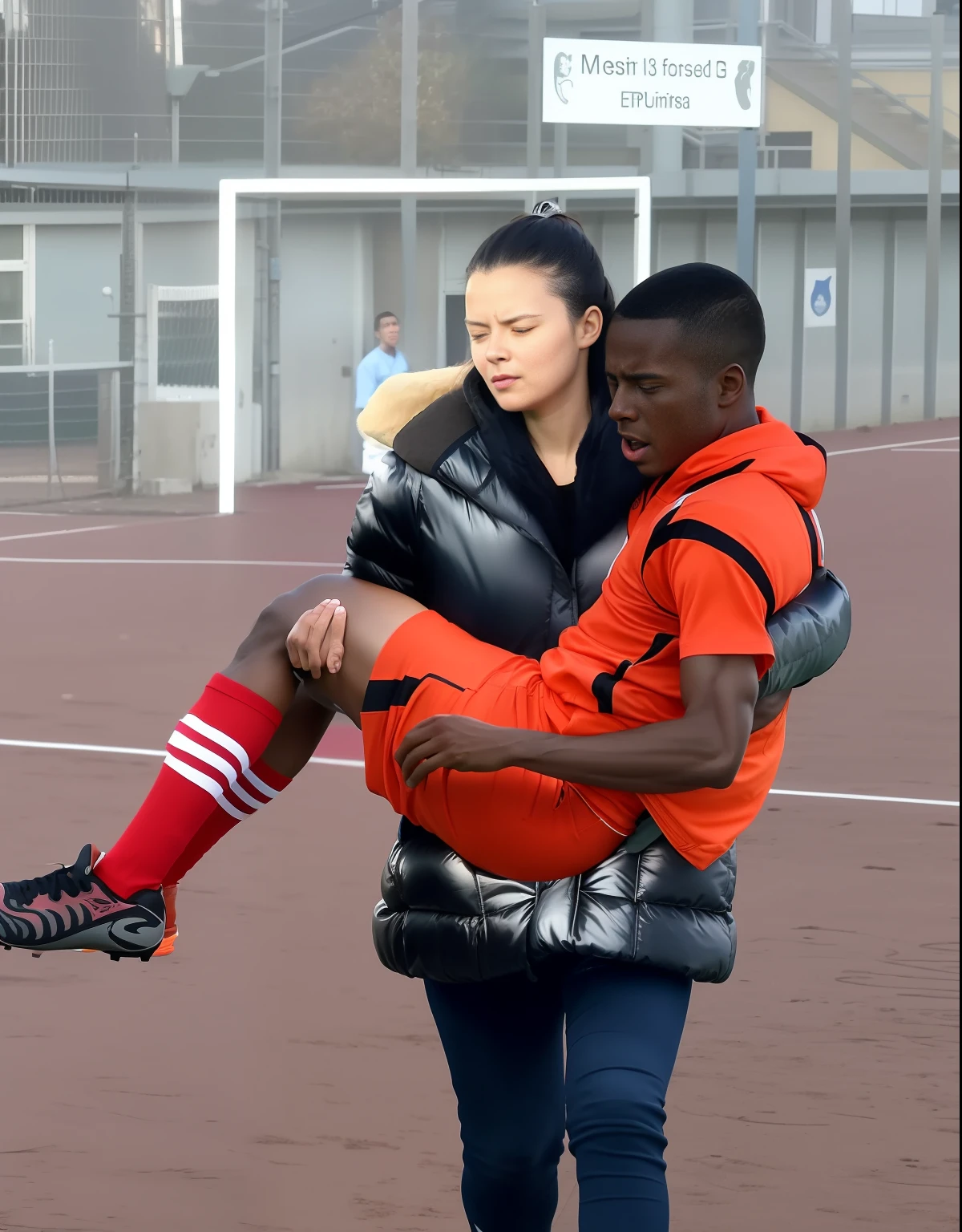 soccer action pose, piggyback pose, a very beautiful young girl in a very shiny black coat is carrying a man, piggyback ride in a sports stadium, a man in a thin orange cotton shirt, affection pose, lecherous action pose, a madeup young girl in a high-shine black padded downcoat, dramatic action pose, theatralic pose, there is an very attractive woman that is carrying a wounded ahtlete, there is a beautiful woman in a shiny coat who is carrying a young sportsman piggyback from the field, soccer action scene, injury scene, first aid in sports transport of a wounded player, piggyback, a longhaired beautiful woman in a high-shine coat, a longhaired woman in a shiny coat, a woman is carrying a shorthaired man who is wearing an thin orange cotton sports outfitt, a weak man in sports shorts is consciousless and needs to be carried, a shorthaired man with closed eyes is carried piggyback a longhaired woman, a woman looks very scared and terrified, a consciousless man with closed eyes is suffering very much and has a very painful face, photo, photo shoot, photographed , accident, help, aid, first aid, pity