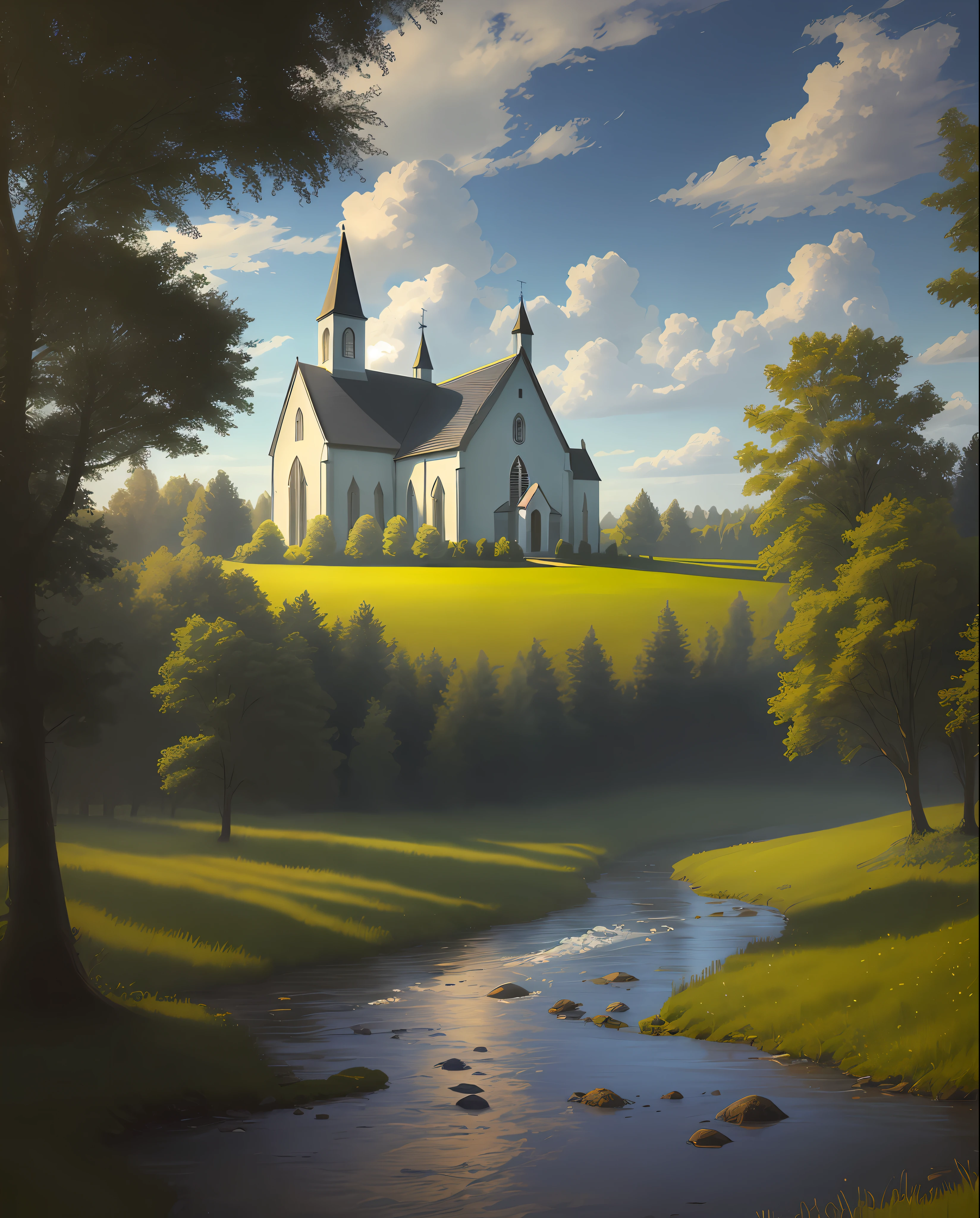 a church in a field with a river and trees, sunny morning, cloudy, digital art, 8k, stabled diffusion, digital art style. Stable diffusion brush.