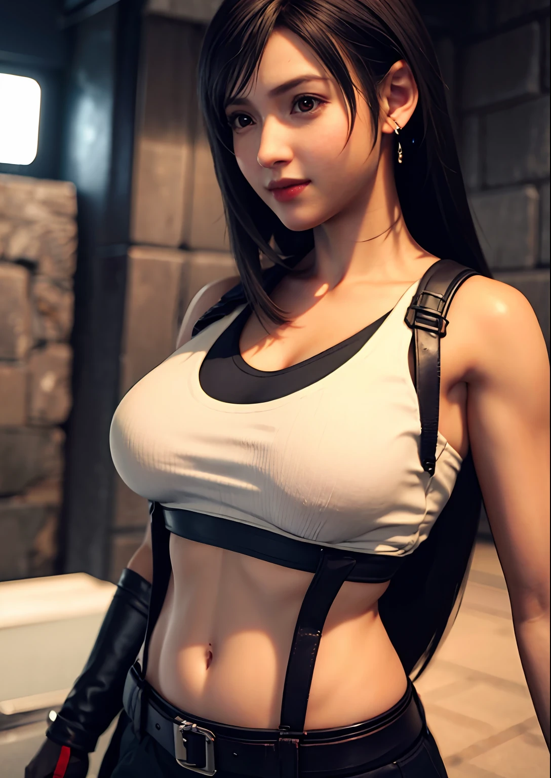 (Photorealistic: 1.4), top quality, very delicate and beautiful, high resolution, 1girl, tifa_lockhart, smile, cowboy shot, suspenders, low rise, mini skirt, tank top, tense shirt, black hair, long hair, elbow gloves, beautiful detailed red eyes, face light, movie lighting, navel, high exposure, abdomen exposure, ribs, abs, ( gigantic breasts: 1.2), dynamic poses, dynamic angles,