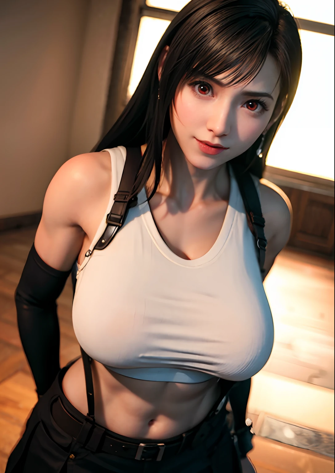 (Photorealistic: 1.4), top quality, very delicate and beautiful, high resolution, 1girl, tifa_lockhart, smile, cowboy shot, suspenders, low rise, mini skirt, tank top, tense shirt, black hair, long hair, elbow gloves, beautiful detailed red eyes, face light, movie lighting, navel, high exposure, abdomen exposure, ribs, abs, ( gigantic breasts: 1.2), dynamic poses, dynamic angles,