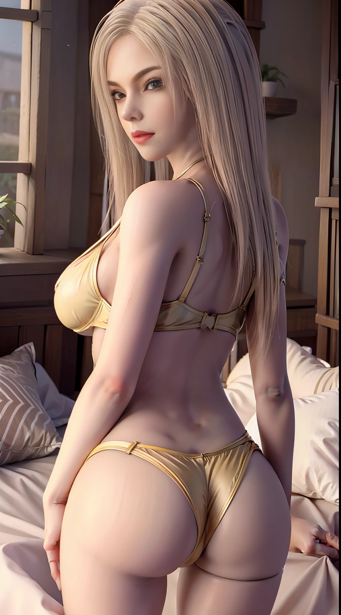 kaisha，ultra-high-resolution，realisticlying，Photorealistic， imagination， （realisian）， composition，（HDR：1.5）， exteriors， Complicated details，Yellow Bikini，8K，Back，Squats，Milk fat buttocks，body complet，Redlip，Pouting ass，Long legs，