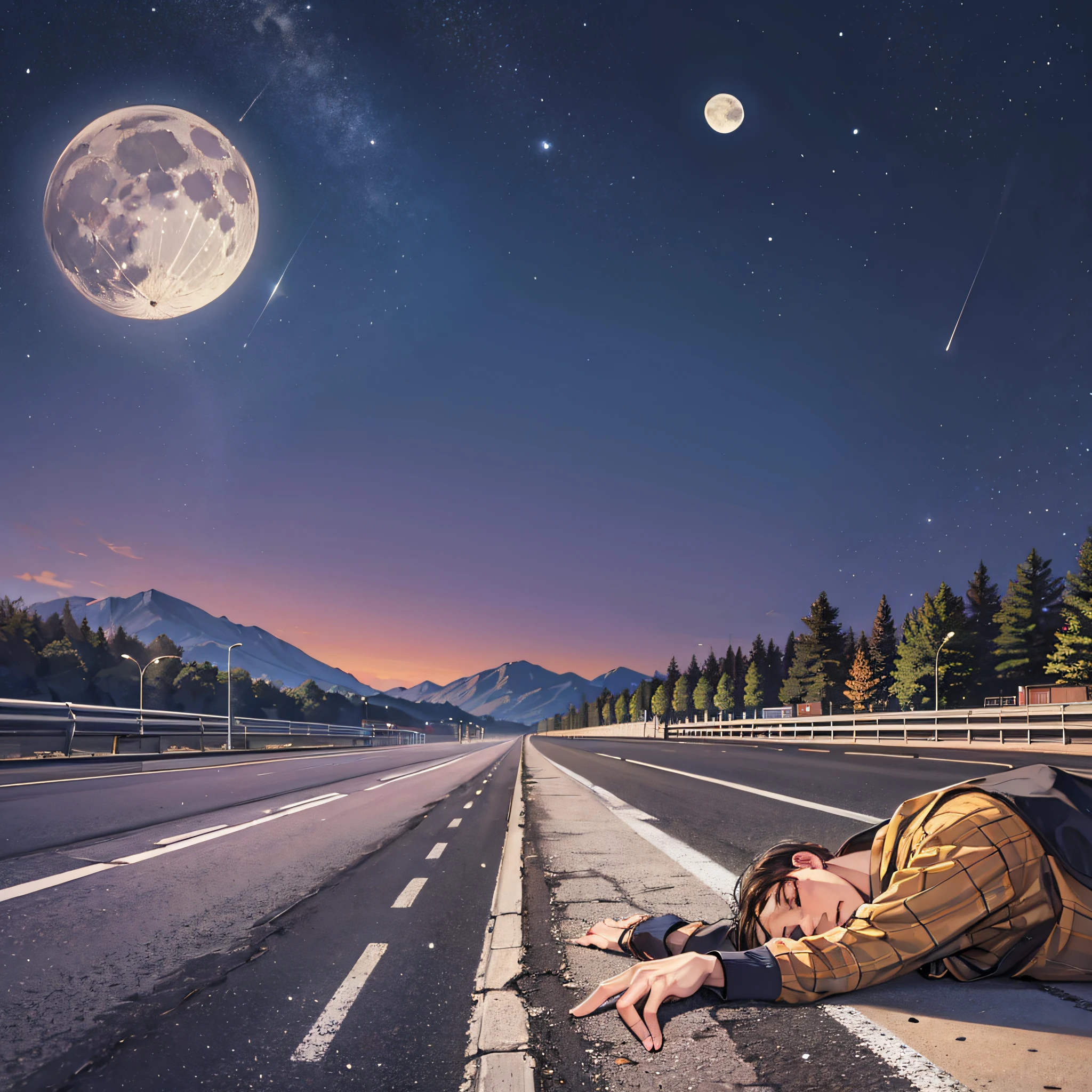A man lies on the ground，hillside，highways，Moon Night，suburb，closeup of face