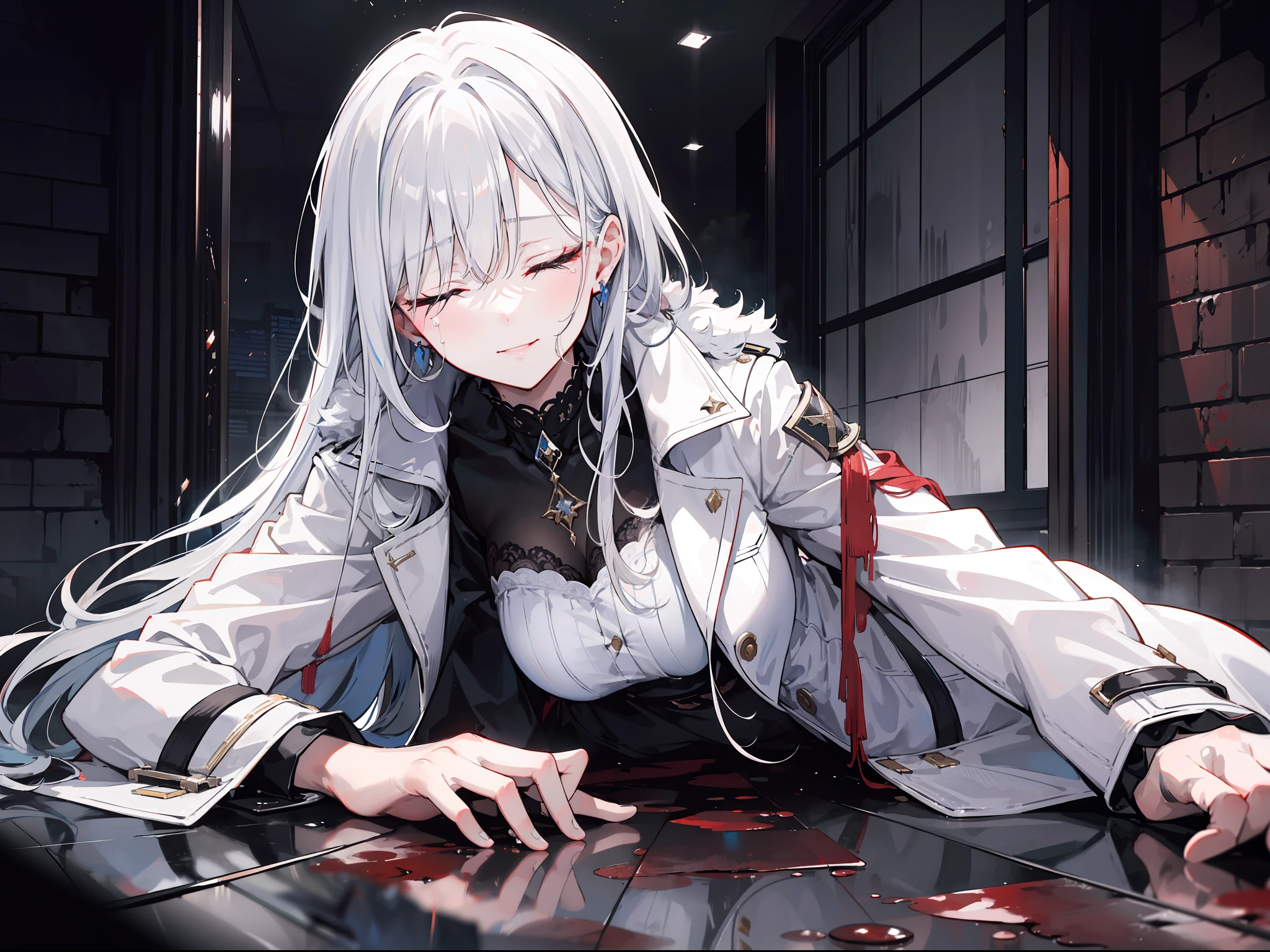 "Epic dark atmosphere, stunning 4k artwork featuring a mature woman with confident long white hair and her two closed eyes with harm smile, she wear white dirty coat, and scratch on the floor, she crying and her body full blood"