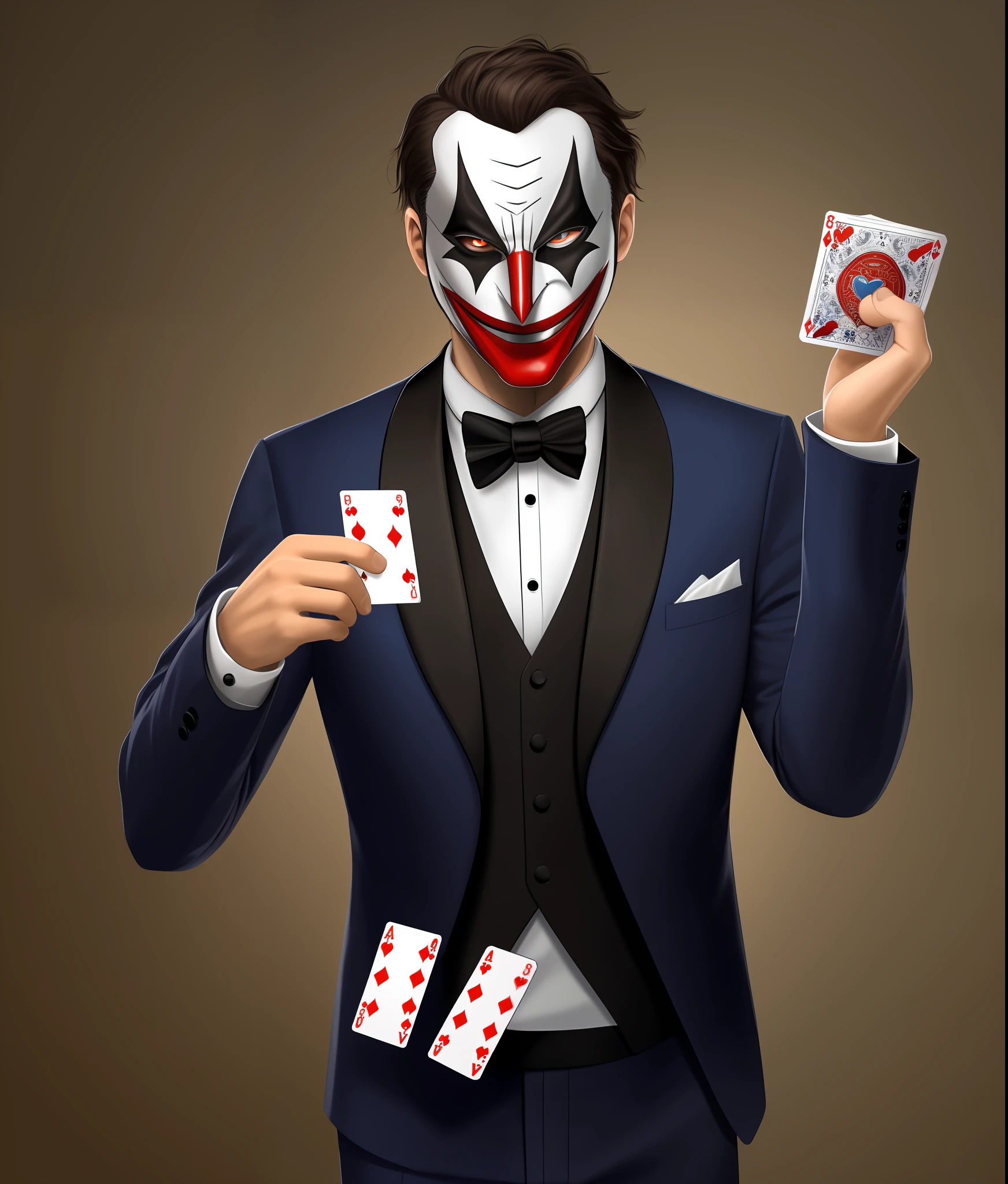 A man dressed as a magician,Oriental,Joker mask,Black Tailcoat,Playing cards in hand