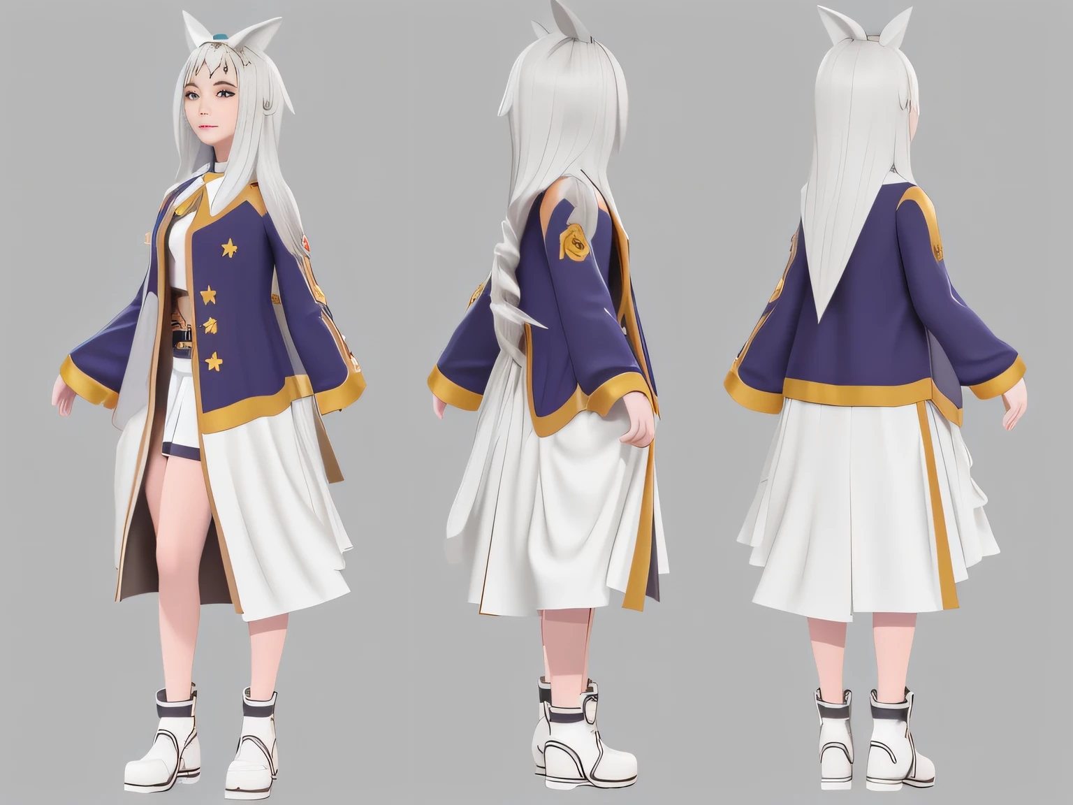 character turnaround sheet:2,three view drawing,full body shot:2,A cute girl dressed in a US outfit,anime aesthetic, super ultra detail