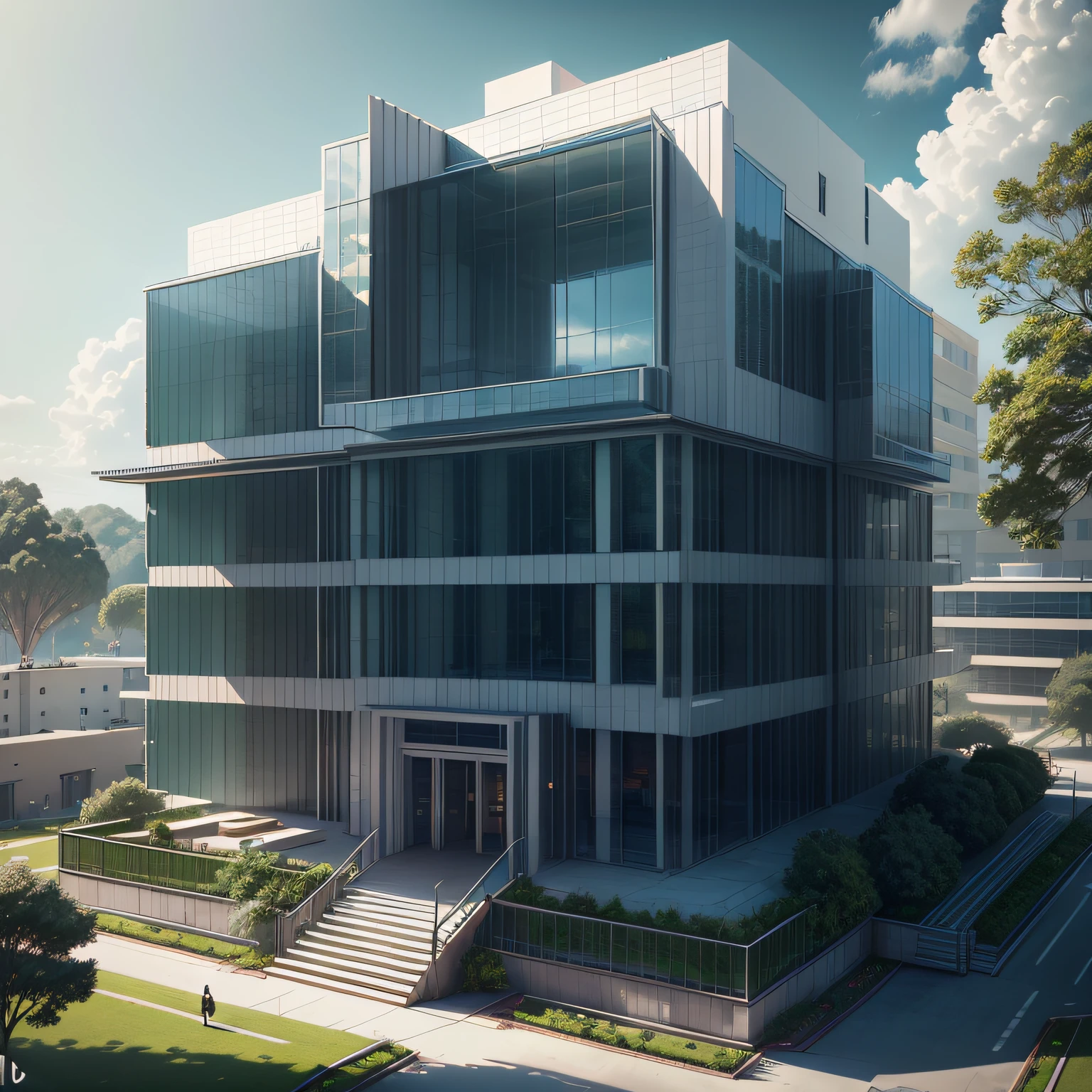 Science and Technology Building Architecture, grande  Universidade，View of the building at the bottom of a university campus surrounded by trees , muito longo, inserted in a campus full of trees, arquitectura Universidade Moderna，Arquitetura futurista, white building with green glass, grande Escolas，Uma grande  universidade，Estilo branco，Textura branca，Comfortable and modern construction，Vidro verde claro，Ceramic and metal material，Estilo moderno，Large construction，lawn with pine trees around, Multiple independent academic buildings，Large school building, Rendering, hiperealismo, imagem 3D 4k, architecture type John savior