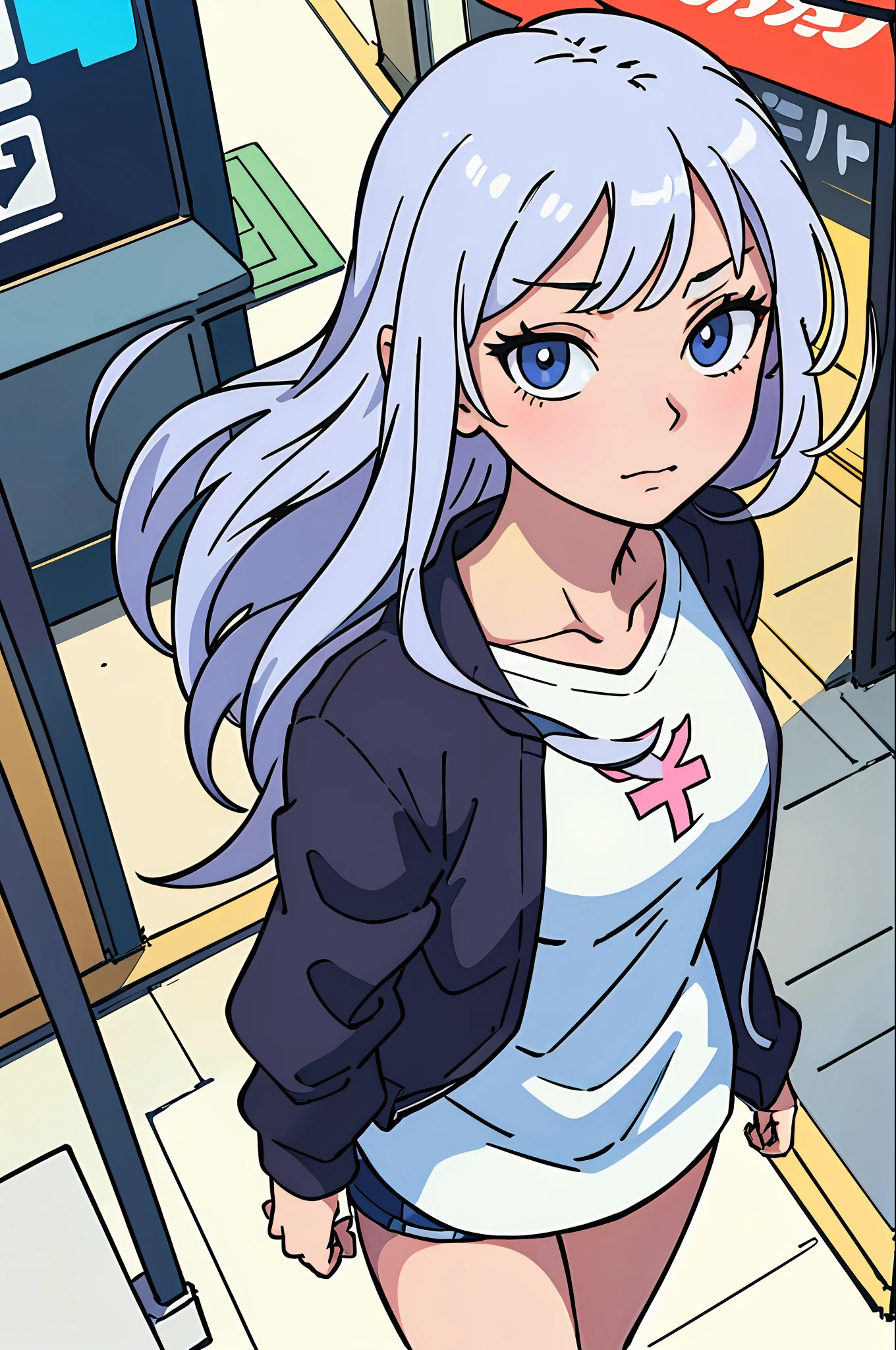 (best-quality:0.8), (best-quality:0.8), perfect anime illustration, extreme closeup portrait of a pretty woman walking through the city, white long hair girl