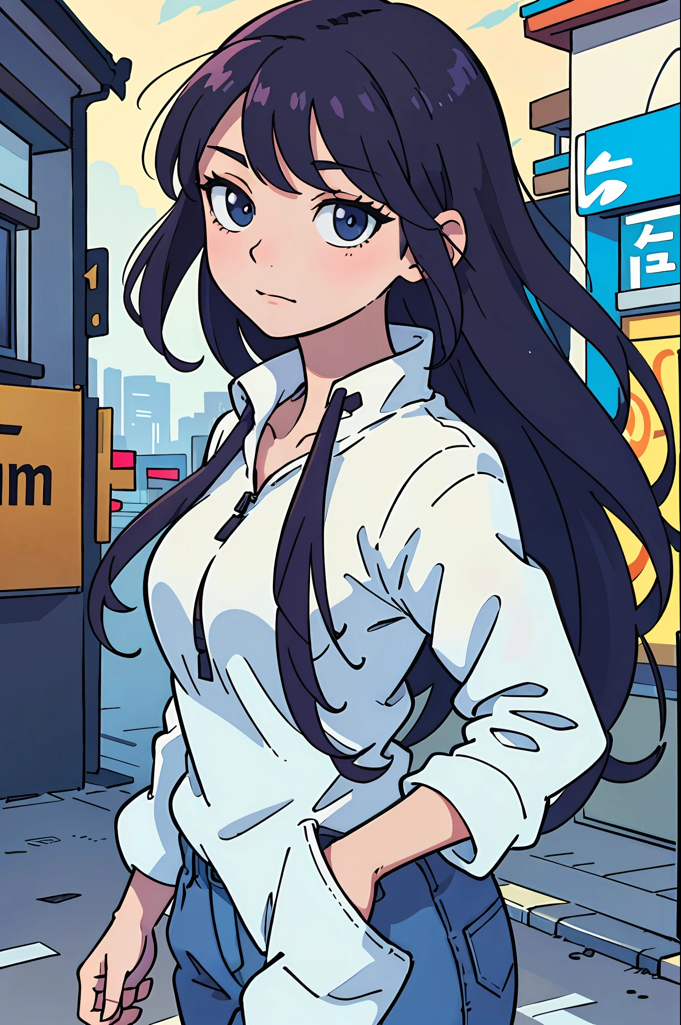 (best-quality:0.8), (best-quality:0.8), perfect anime illustration, extreme closeup portrait of a pretty woman walking through the city, white long hair girl