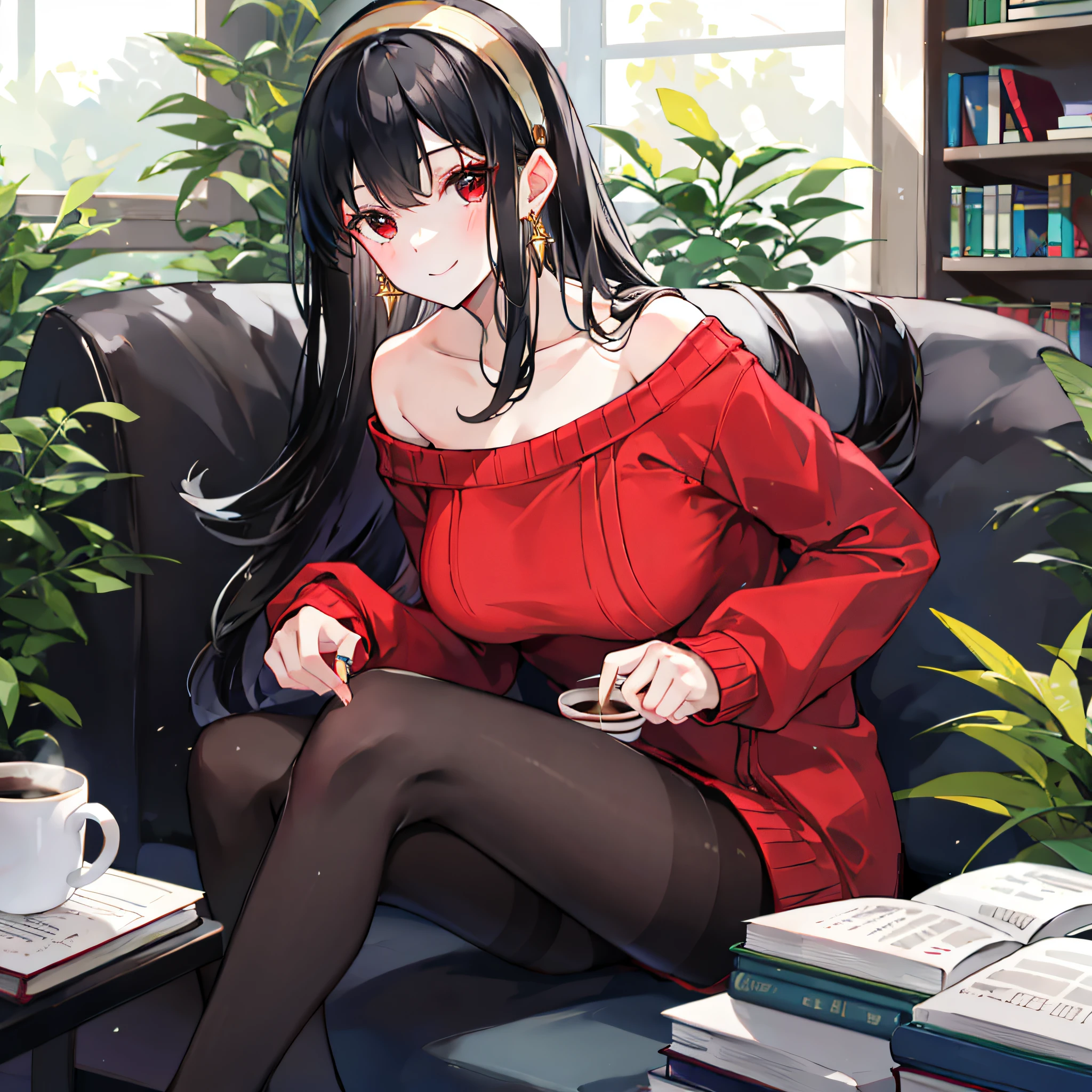 spy x family style, yor briar,
1girl, bangs, black pantyhose, book, bookshelf, breasts, cleavage, coffee, coffee mug, cup, earrings, gold earrings, gold hairband, hairband, jewelry, long hair, long sleeves, looking at viewer, medium breasts, mug, off-shoulder sweater, off shoulder, out of frame, pantyhose, plant, red eyes, red sweater, smile, solo, sweater, white hairband, window
, ((masterpiece))