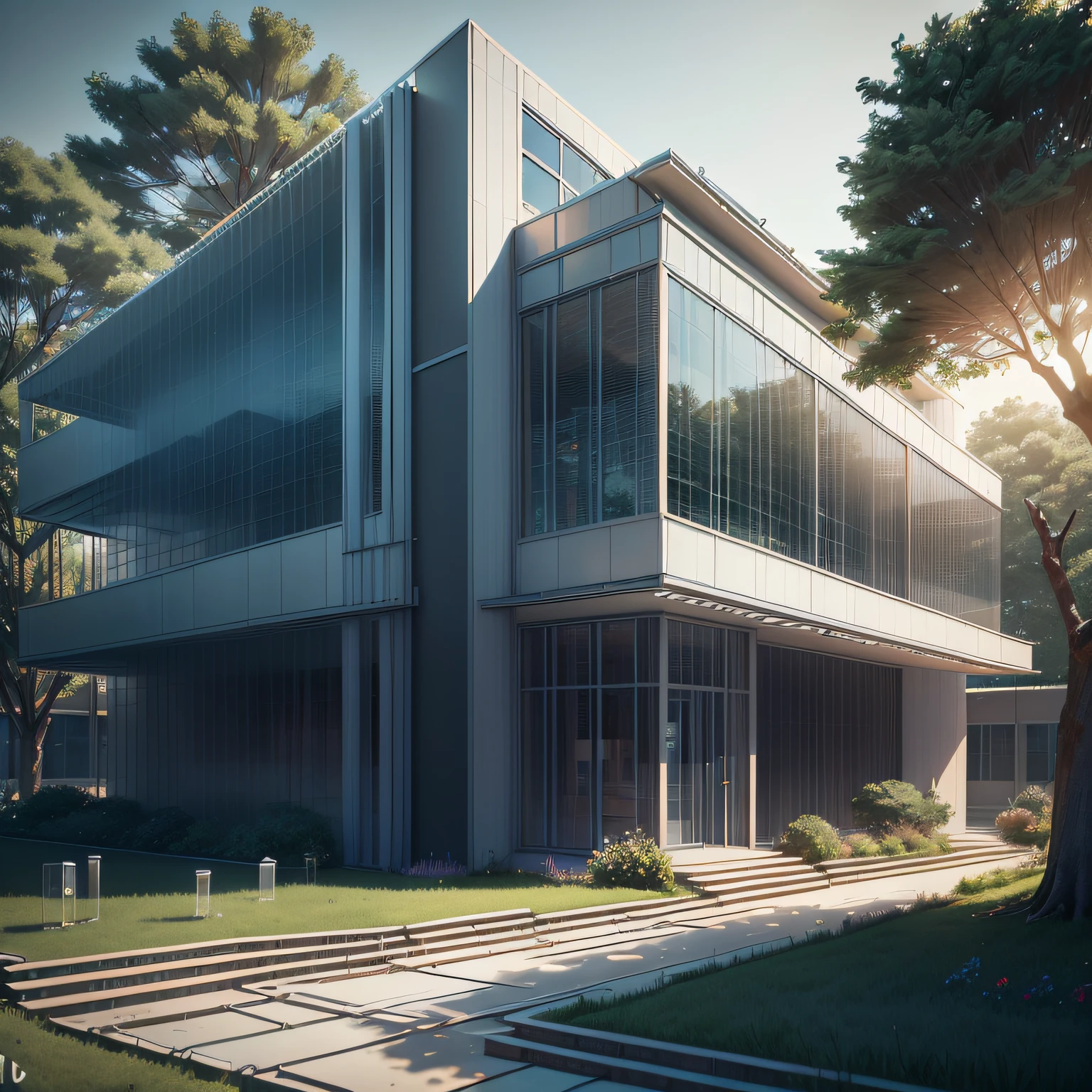 Science and Technology Building Architecture, grande Universidade,View of the building at the bottom of a university campus surrounded by trees , muito longo, inserted in a campus full of trees, arquitectura Universidade Moderna,Arquitetura futurista, white building with green glass, grande Escolas,Uma grande universidade,Estilo branco,Textura branca,Comfortable and modern construction,Vidro verde claro,Ceramic and metal material,Estilo moderno,Large construction,lawn with pine trees around, Multiple independent academic buildings,Large school building, Rendering, hiperealismo, imagem 3D 4k, architecture type John savior