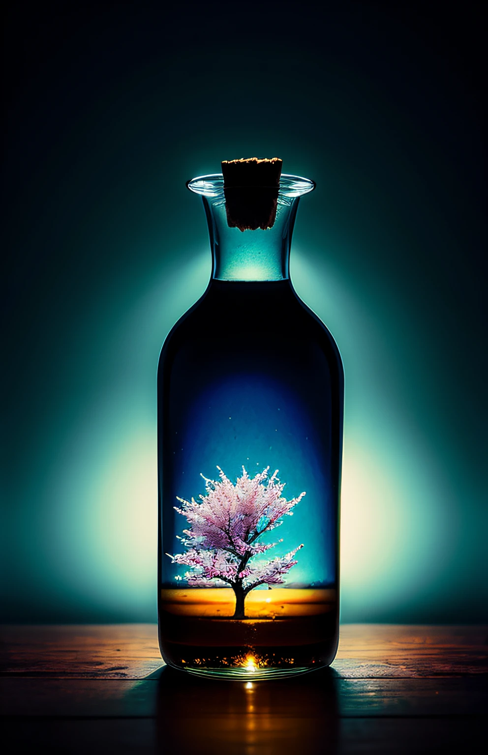 Cherry tree in a bottle, fluffy, realistic, atmospheric light refraction, photographed by lee jeffries, nikon d850 film Stock Photo 4 Kodak portra 400 camera f1.6 lens, rich colors, ultra realistic realistic textures, dramatic lighting, unreal engine trending on artstation cinestill 800, Style-Glass
