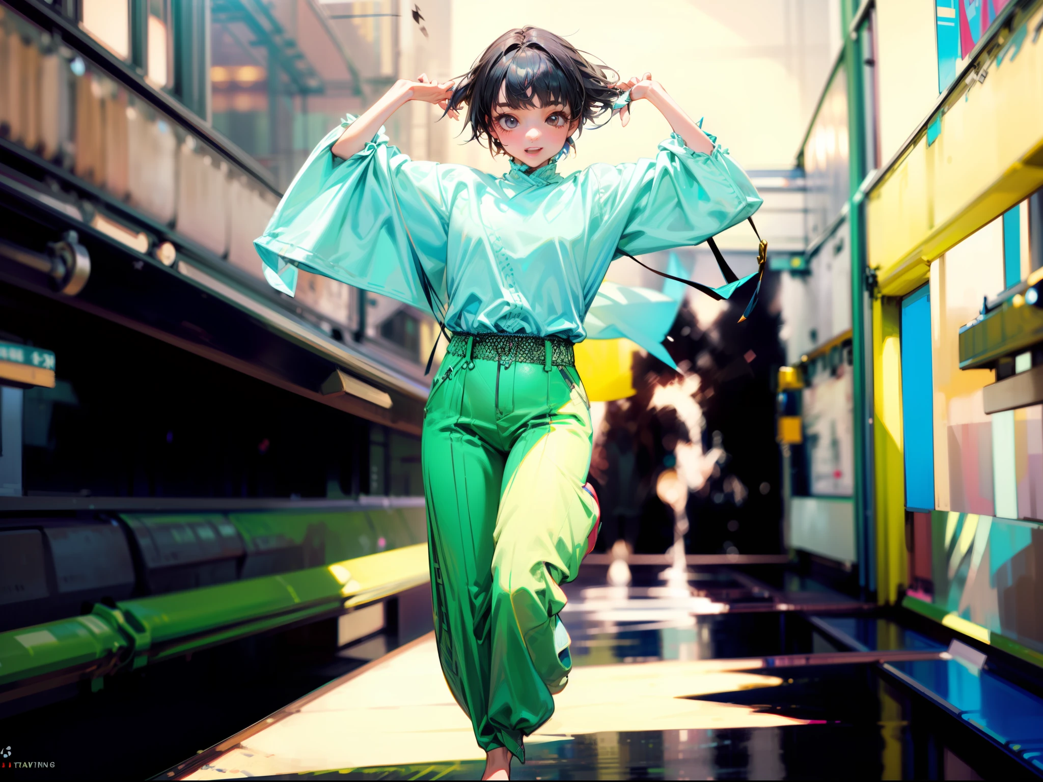 (巨作)、the detail、in 8K、((Full body photo from head to toe))、(((You're jumping big)))、Girl in tight clothes、short dark hair、Colorful inner hair、Realistic and sharp details、portrait shooting、Super Intricate Details、Ultra-fine details、Stay outside、