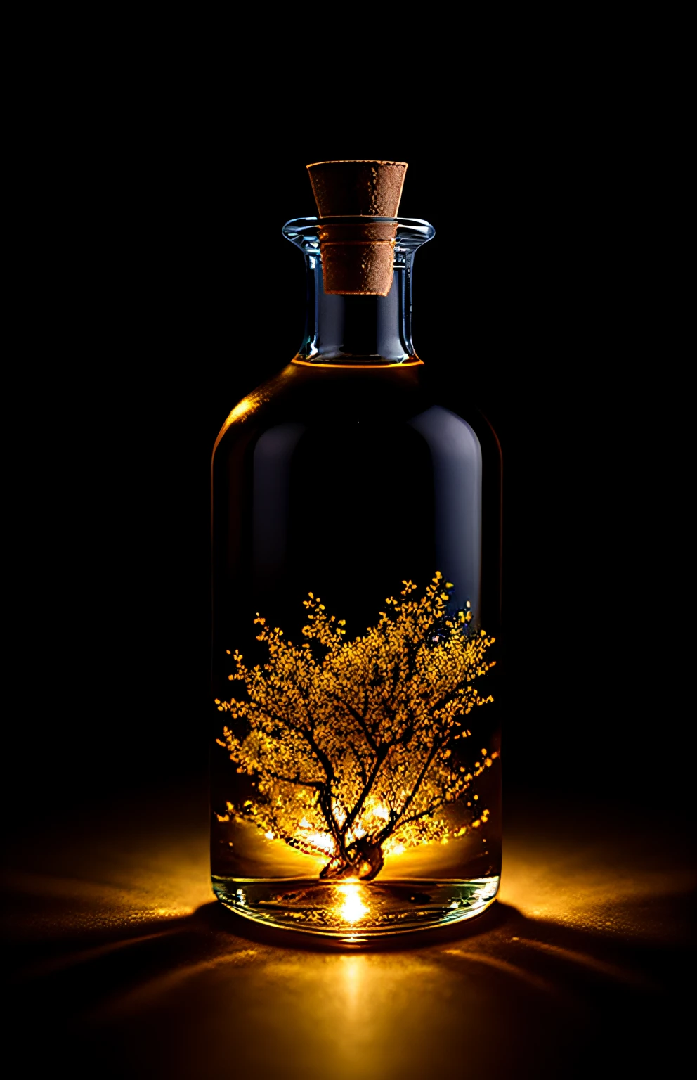 Cherry tree in a bottle, fluffy, realistic, atmospheric light refraction, photographed by lee jeffries, nikon d850 film Stock Photo 4 Kodak portra 400 camera f1.6 lens, rich colors, ultra realistic realistic textures, dramatic lighting, unreal engine trending on artstation cinestill 800, Style-Glass