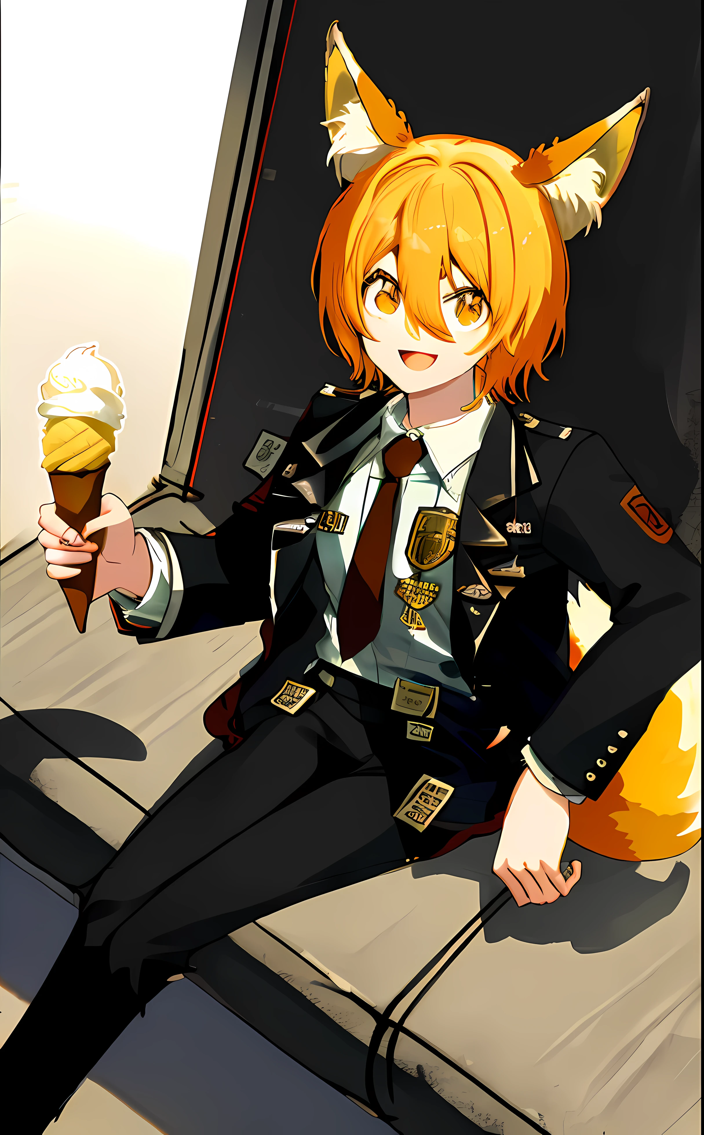 sitting on a park bench, Fox ears, Foxtail, Smiling, Holds ice cream, Warm tones, evening, Sundown, Camera at an angle from above, three-quarter angle, happy