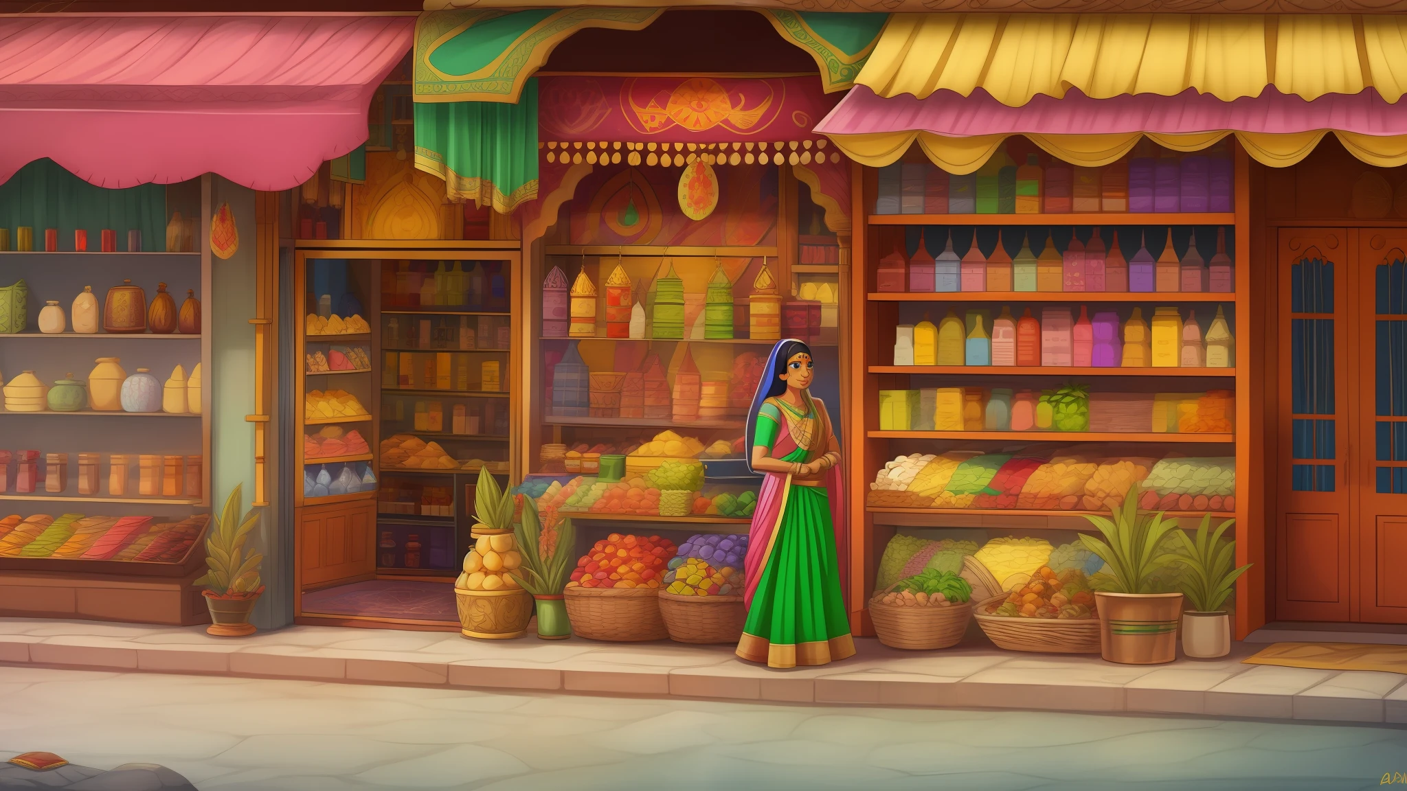 A indian shop with many coustomers in cartoon