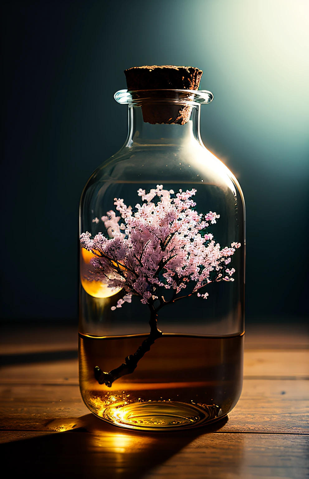 Cherry tree in a bottle, fluffy, realistic, atmospheric light refraction, photographed by lee jeffries, nikon d850 film Stock Photo 4 Kodak portra 400 camera f1.6 lens, rich colors, ultra realistic realistic textures, dramatic lighting, unreal engine trending on artstation cinestill 800, Style-Glass