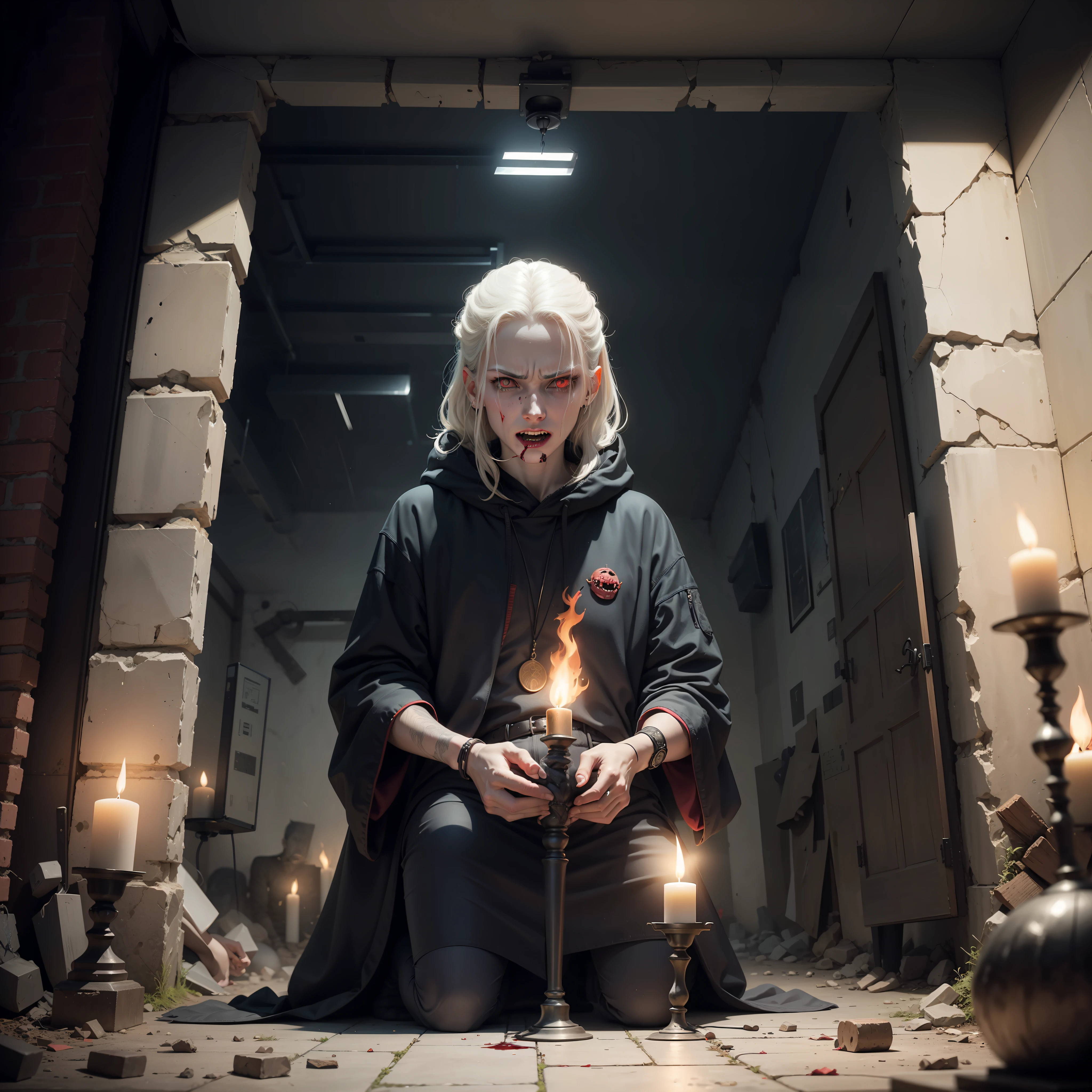 Create an image of an albino vampire named Fein at a sacrificial ritual gathering rave that exudes horror and terror. Fein should be depicted in the center of the image, with unnaturally pale skin, long and sharp fangs, and glowing red eyes that seem to pierce the soul. The setting should be an abandoned warehouse or underground catacombs, with the space transformed into a dark and foreboding ritual chamber, complete with flickering torches, symbols etched on the walls, and bloodstains on the floor. The gathering rave should be composed of a group of cult-like followers, all dressed in dark robes and huddled around Fein in a trance-like state, preparing to offer a sacrifice to their master. The overall mood of the image should be one of fear and terror, with the suggestion that Fein is a powerful and malevolent force that commands the obedience of his followers. The desired image quality should be ultra-high resolution, with deep shadows and rich textures. Sense of horror and dread.