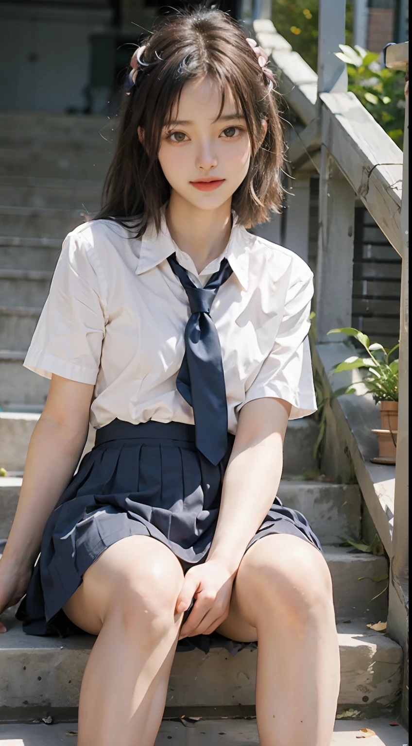 tied_hair, schoolgirl, ((summer school uniform))),(sitting_on_stairs),(cowboy_shot),white_pantyhose, side style, White shirt, blue striped tie, Short sleeves, dark blue prill skirt, Classroom, seductive_smile, Small head, bangs, urban, Small head, Pale pink lips, Happy, mediating_breats, Small hips, Slender body