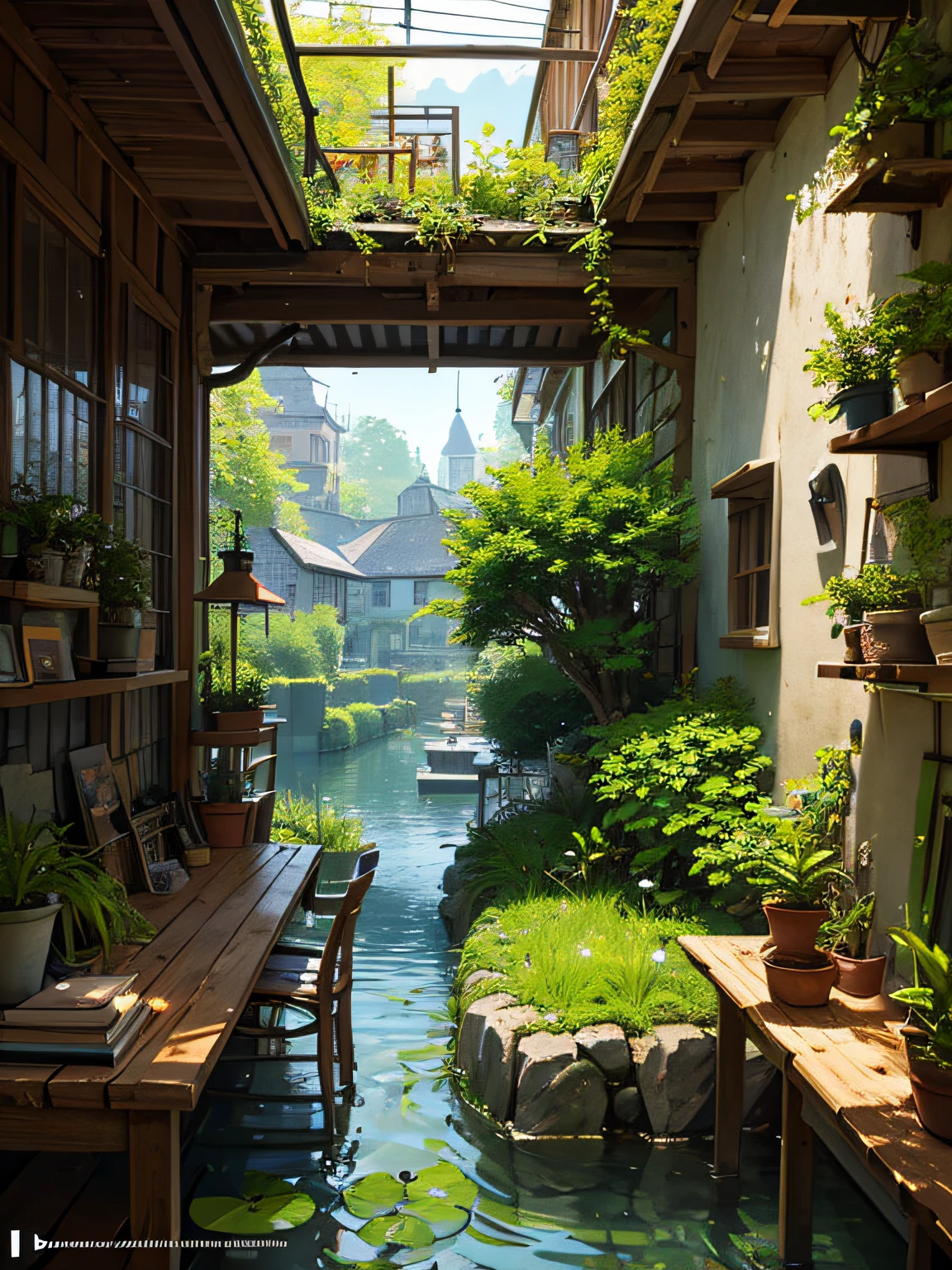 (micro-landscape:1.5),(best quality), ((masterpiece)), (highres), illustration, original, extremely detailed wallpaper, no humans, window, scenery, plant, water, potted plant, outdoors, building, door, house,  flower pot, day, lily pad, chair, flower, table, stairs, watermark, hat, tree,  sunlight, pond, grass, indoors,  reflection, lamp, balcony, black headwear, bush, sky, railing, desk, open window, shelf, leaf, book, web address, copyright name, ladder, architecture, shadow, solo, dated, vines, vase, city, cafe, lantern, bucket, ruins, bench, shop, signature, moss, boat, barrel, river,