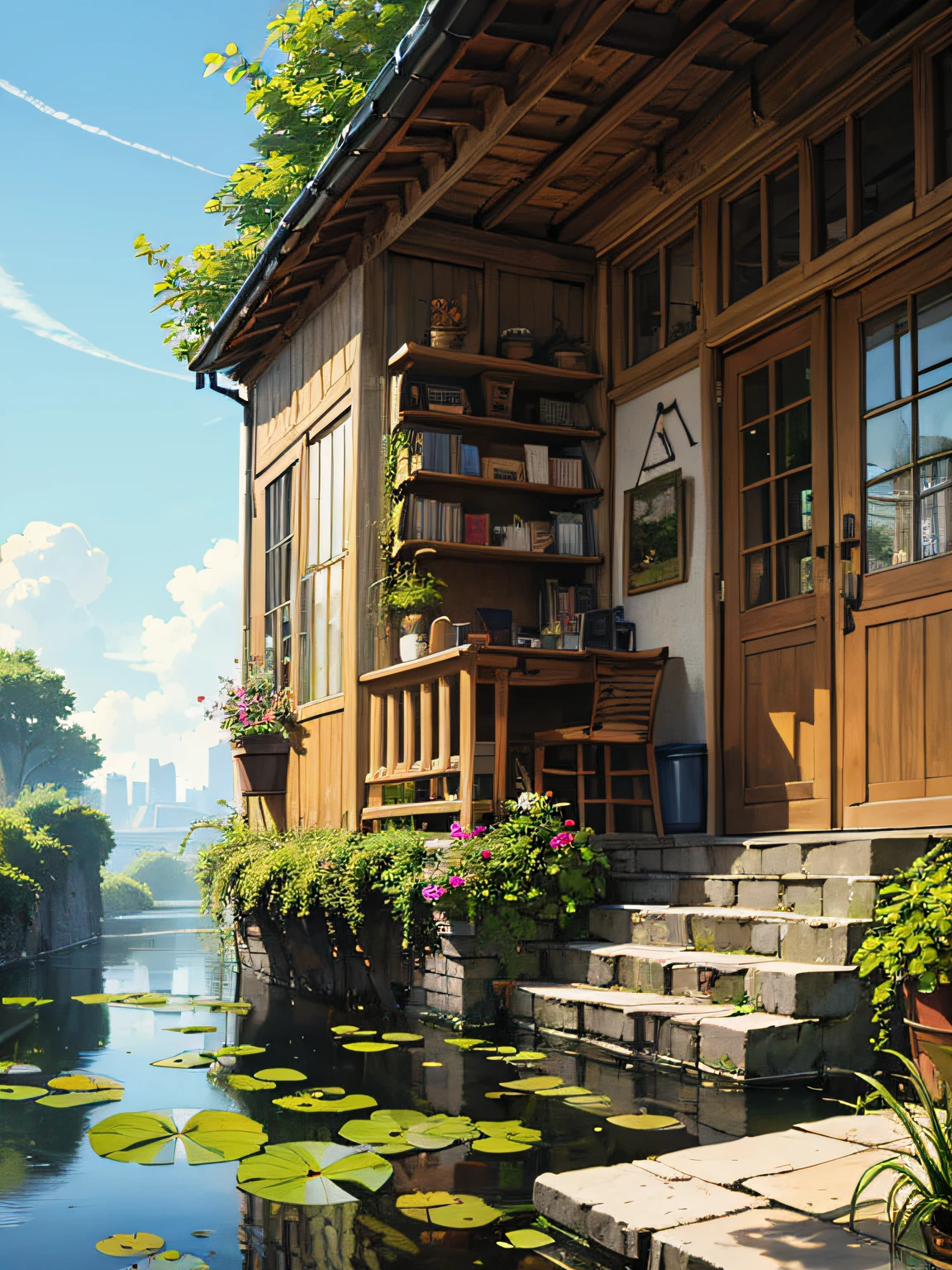 (micro-landscape:1.5),(best quality), ((masterpiece)), (highres), illustration, original, extremely detailed wallpaper, no humans, window, scenery, plant, water, potted plant, outdoors, building, door, house, flower pot, day, lily pad, chair, flower, table, stairs, watermark, hat, tree, sunlight, pond, grass, indoors, reflection, lamp, balcony, black headwear, bush, sky, railing, desk, open window, shelf, leaf, book, web address, copyright name, ladder, architecture, shadow, solo, dated, vines, vase, city, cafe, lantern, bucket, ruins, bench, shop, signature, moss, boat, barrel, river,