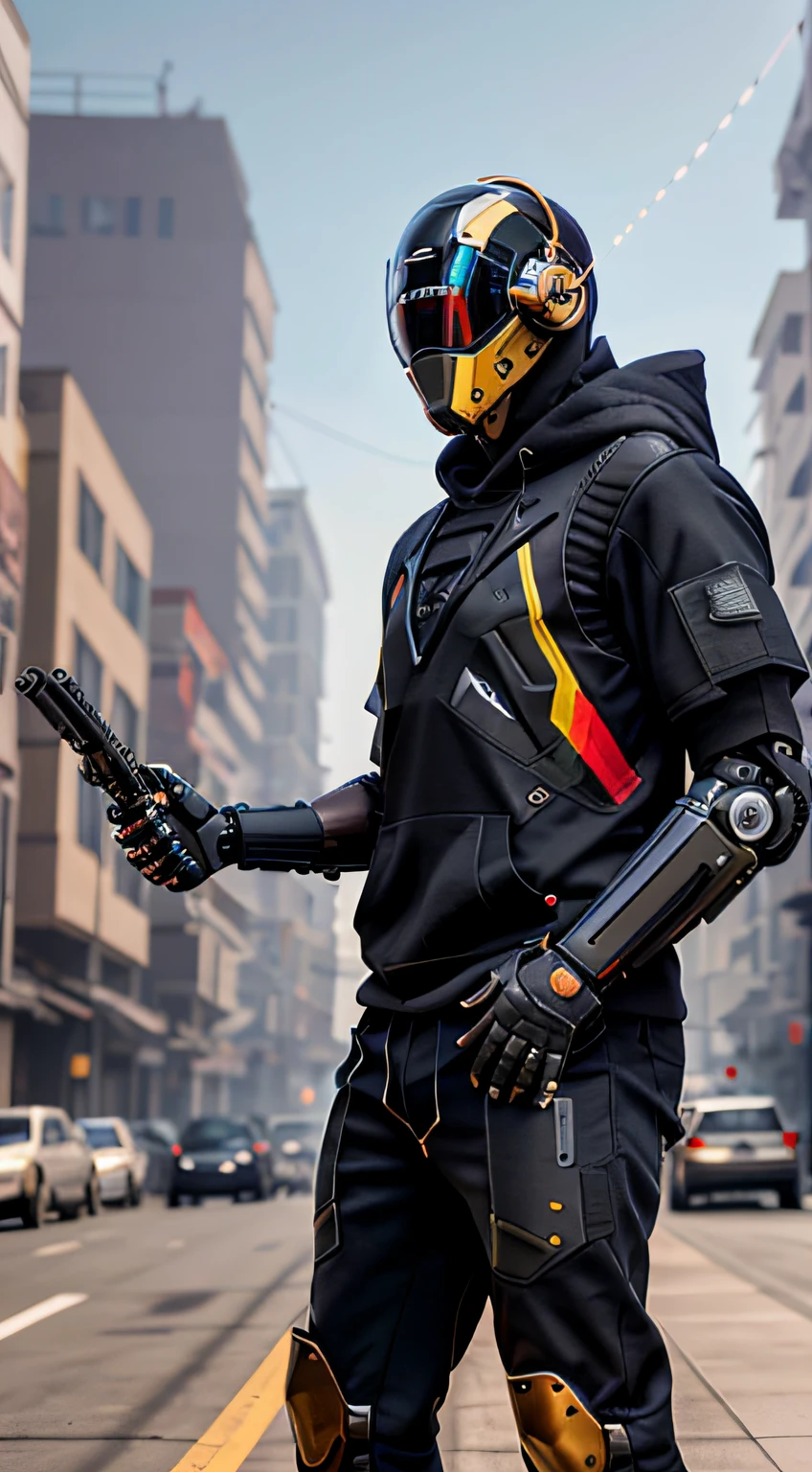 ((obra maestra, plano de cuerpo completo, Intricate raw photography))Cyberpunk, realista, render 3D complejo ultra detallado, mejor calidad, obra maestra, ultra-high-resolution, foto de vaquero, (fotorrealista: 1.4), foto en bruto, arte oficial, (primer plano, ), fondo complejo, absurdos, vago, atmospheric, malvado, tanque, Dynamic Angle, cibercasco tecnologia avanzada, mecha, robot, armadura, ((mechanical arms, exo-suit Science-Fiction, no hay humanos, ropa asimetrica desgastada,)) ((tactical Oversized black hoodie, casco negroavabzado, HUD, estilo moderno ultra realista, cibercasco estilo daftpunk)), Black tactical gloves, pantalones tacticos cargo negros tipo techwear cargo, ropa futurista, mohawk, punk, rebel, punk-rock, cinematic. sci-fi scene, synthwave,night, dark, intrincado, FUTURISTICA, nitido, enfoque preciso, Postura agresiva, armas de alta tecnologia, colores vividos, serio, ciudad cyberpunk, street neon lights, foto insta, Photo of the Year, cinema4d, dramatic, luces y sombras, Efectos visuales realistas (( renderizado octanaje realista)), imagen photo realista de la mejor calidad,