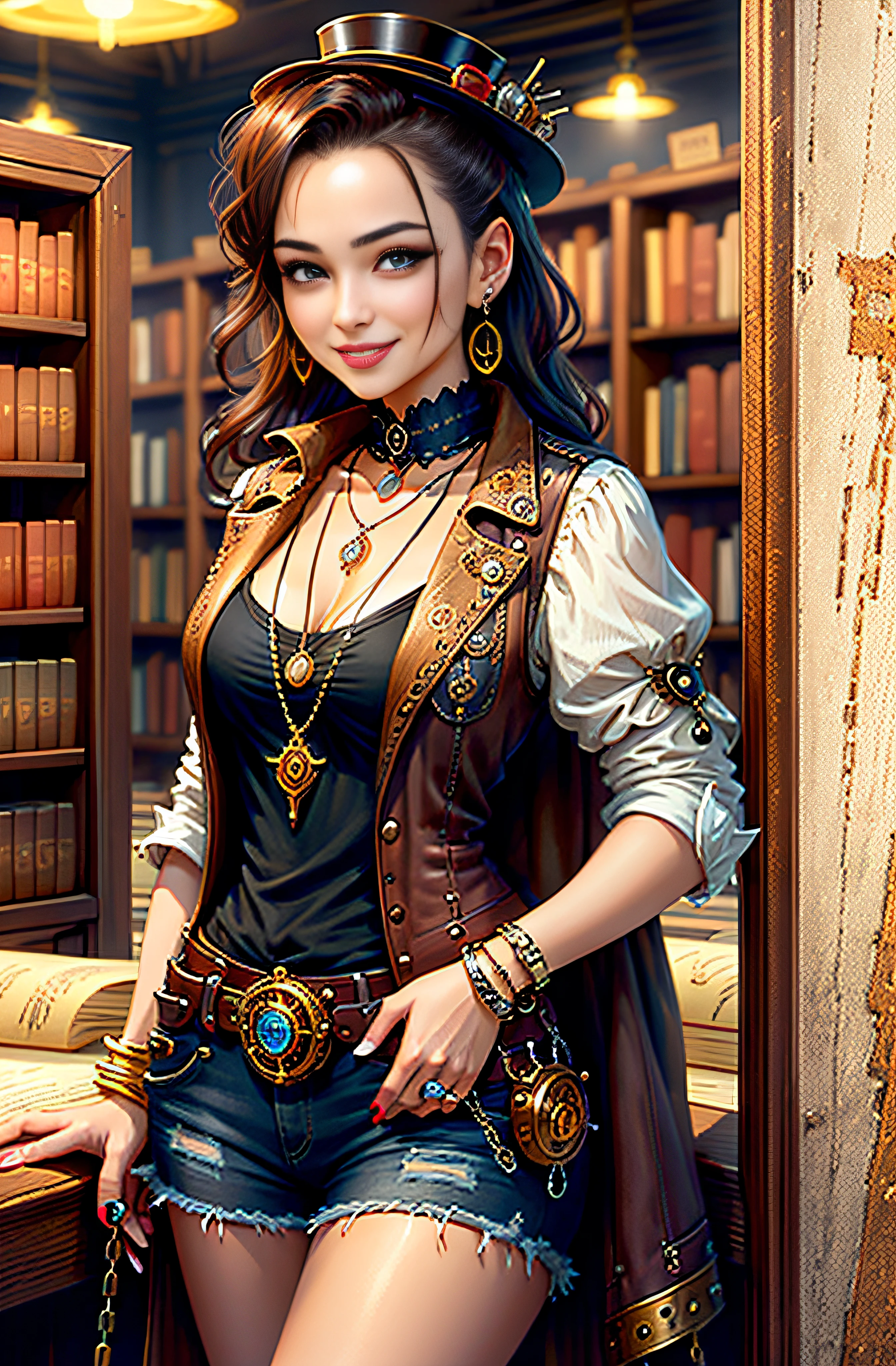 Steampunk, steampunk, smiling woman in a small bookstore, necklaces, earrings, bracelets, chains, shirts, vests, belts