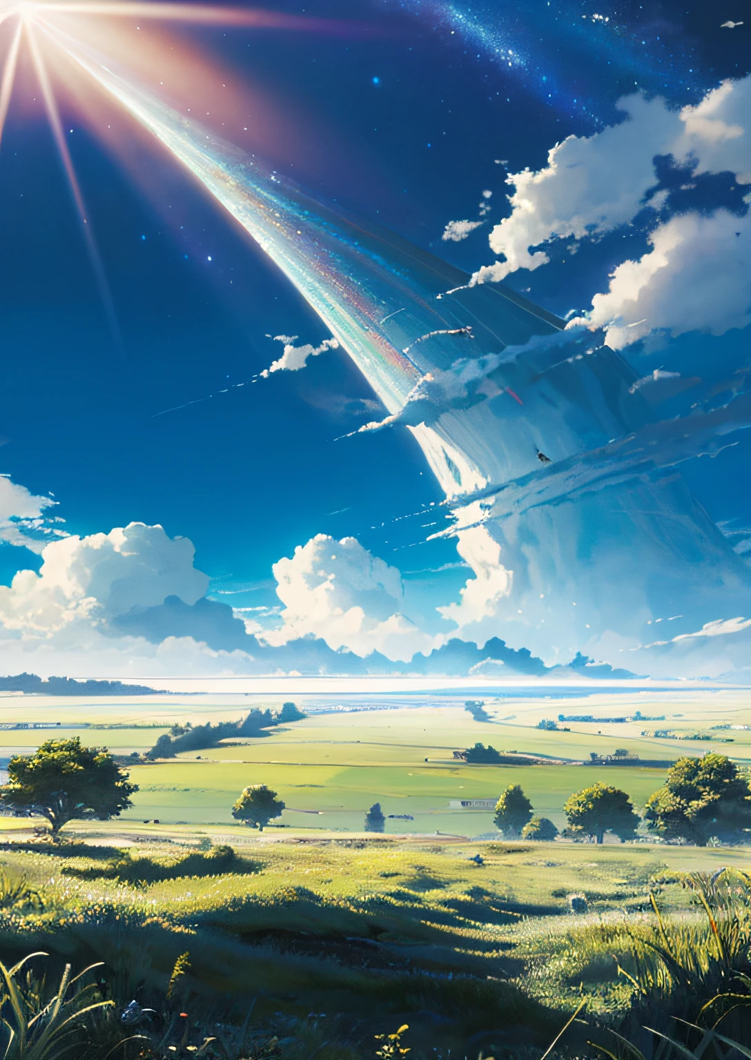 Vast sky, beautiful skyline, large grassland, moving visual effects, hanging north star, colorful natural light.