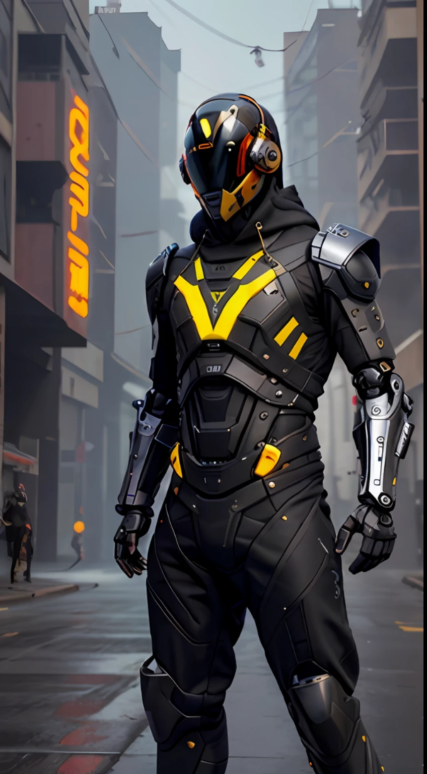 ((obra maestra, plano de cuerpo completo, Intricate raw photography))Cyberpunk,  realista, render 3D complejo ultra detallado, mejor calidad, obra maestra, ultra-high-resolution, foto de vaquero, (fotorrealista: 1.4), foto en bruto, arte oficial, (primer plano, ), fondo complejo, absurdos, vago, atmospheric, malvado, tanque, Dynamic Angle, cibercasco tecnologia avanzada, mecha, robot, armadura, ((mechanical arms, exo-suit Science-Fiction,  no hay humanos, ropa asimetrica desgastada,))  ((tactical Oversized black hoodie, casco negroavabzado, HUD, estilo moderno ultra realista, cibercasco estilo daftpunk)), Black tactical gloves,  pantalones tacticos cargo negros tipo techwear cargo, ropa futurista, mohawk, punk, rebel, punk-rock, cinematic. sci-fi scene, synthwave,night, dark, intrincado, FUTURISTICA, nitido, enfoque preciso, Postura agresiva,  armas de alta tecnologia, colores vividos, serio,  ciudad cyberpunk, street neon lights, foto insta, Photo of the Year, cinema4d, dramatic, luces y sombras, Efectos visuales realistas (( renderizado octanaje realista)), imagen photo realista de la mejor calidad,