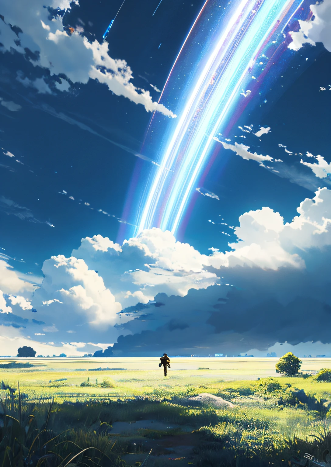 Vast sky, beautiful skyline, large grassland, moving visual effects, hanging north star, colorful natural light.