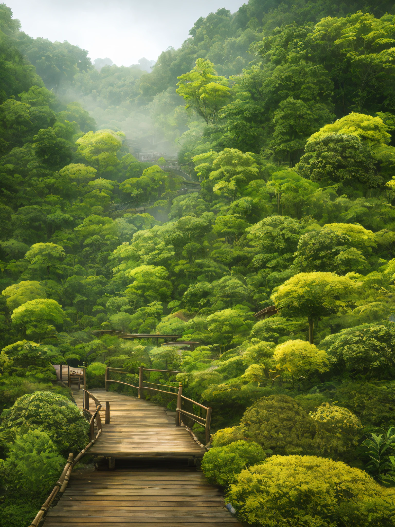 A country full of dreamy mist, a bridge and an antique garden, the bamboo forest on the side, the wet wooden bridge after the rain, looks extra relaxing, deep field, masterpiece, best quality, 3d, Realistic, High Quality Textures