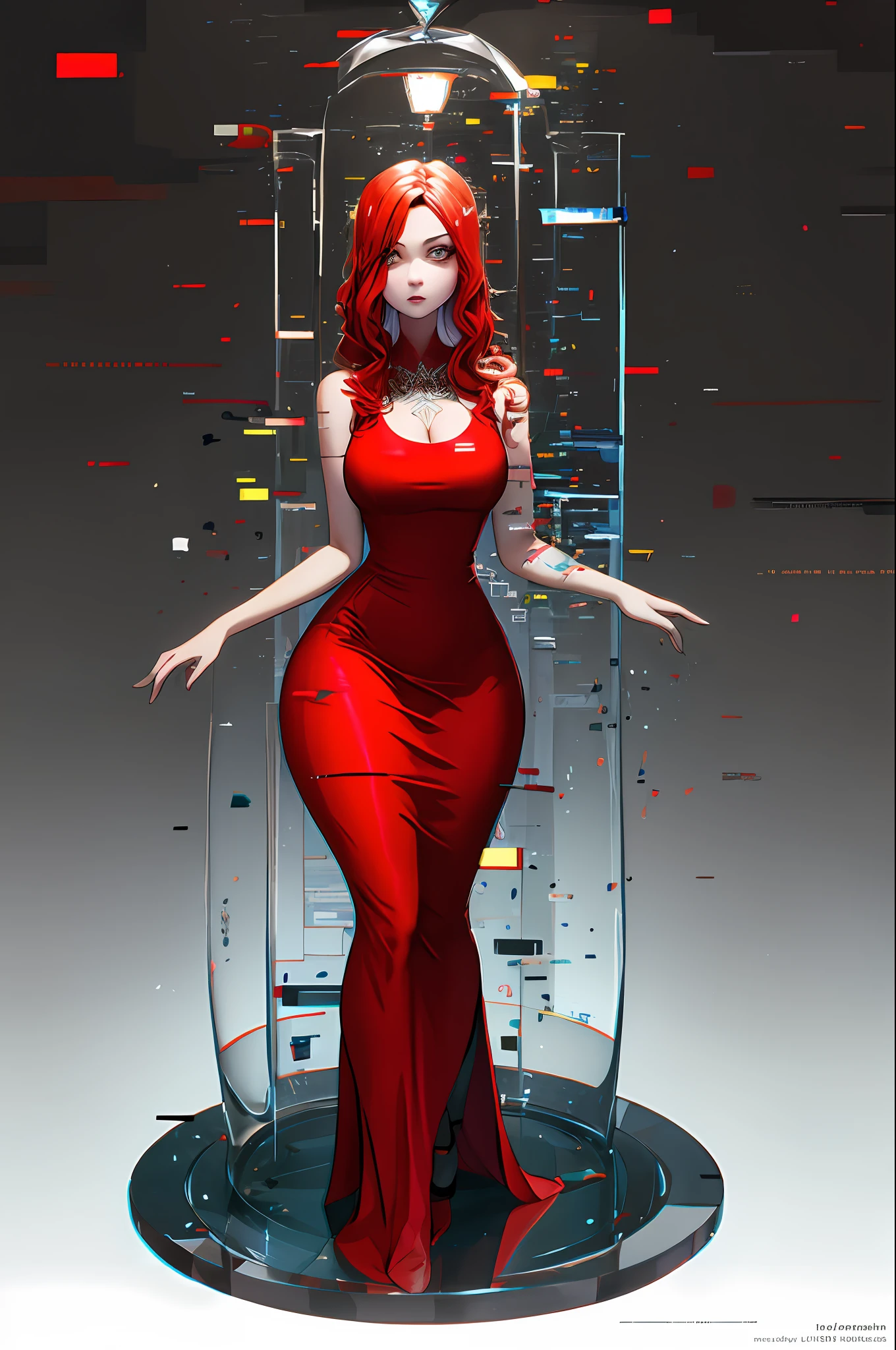 Highly detailed, High Quality, Masterpiece, beautiful, Glitching, glitch, solo, Girlfriend, red dress, curvy hourglass figure, full body.