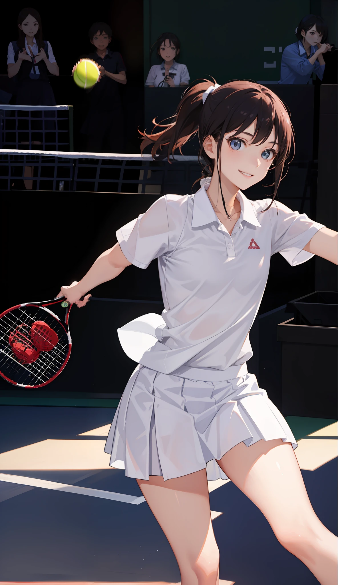 1The girls、shirts、pleatedskirt、17歳、Bob Hair Style、a smile、delightful!、enmaided、Chromo-white skin、Beautiful eyes、(small tits)、Playing tennis、Wimbledon、Wearing white tennis wear、cinematiclight、