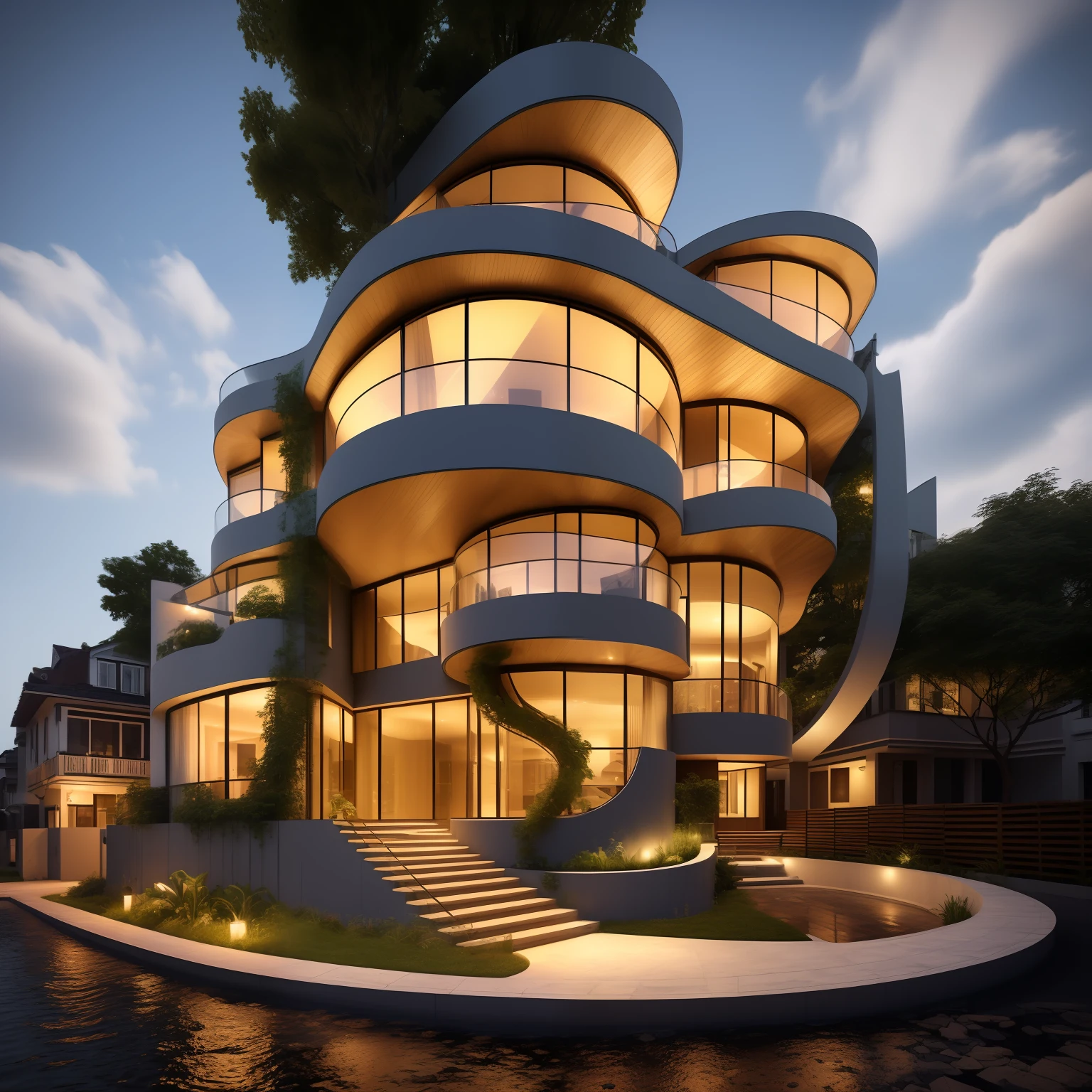 Townhouse, daylight ( best quality) ((high solution)) ,(( photo realistic)) ,warm light, (sharp focus) front view of townhouse in style of modern,small house, Narrow area,VietNam,facade, curved arch,beautiful facade,curved windown,narrow and long ,two-storey,mutual colours, soft lighting, warm atmosphere,high Resolution, hyper detailed,4k ,vray render, octane render, hyper realistic, photography expert ,exterior design , professional photography, exterior photography,wide-angle shot , ultra detail , high Resolution , full frame, full body