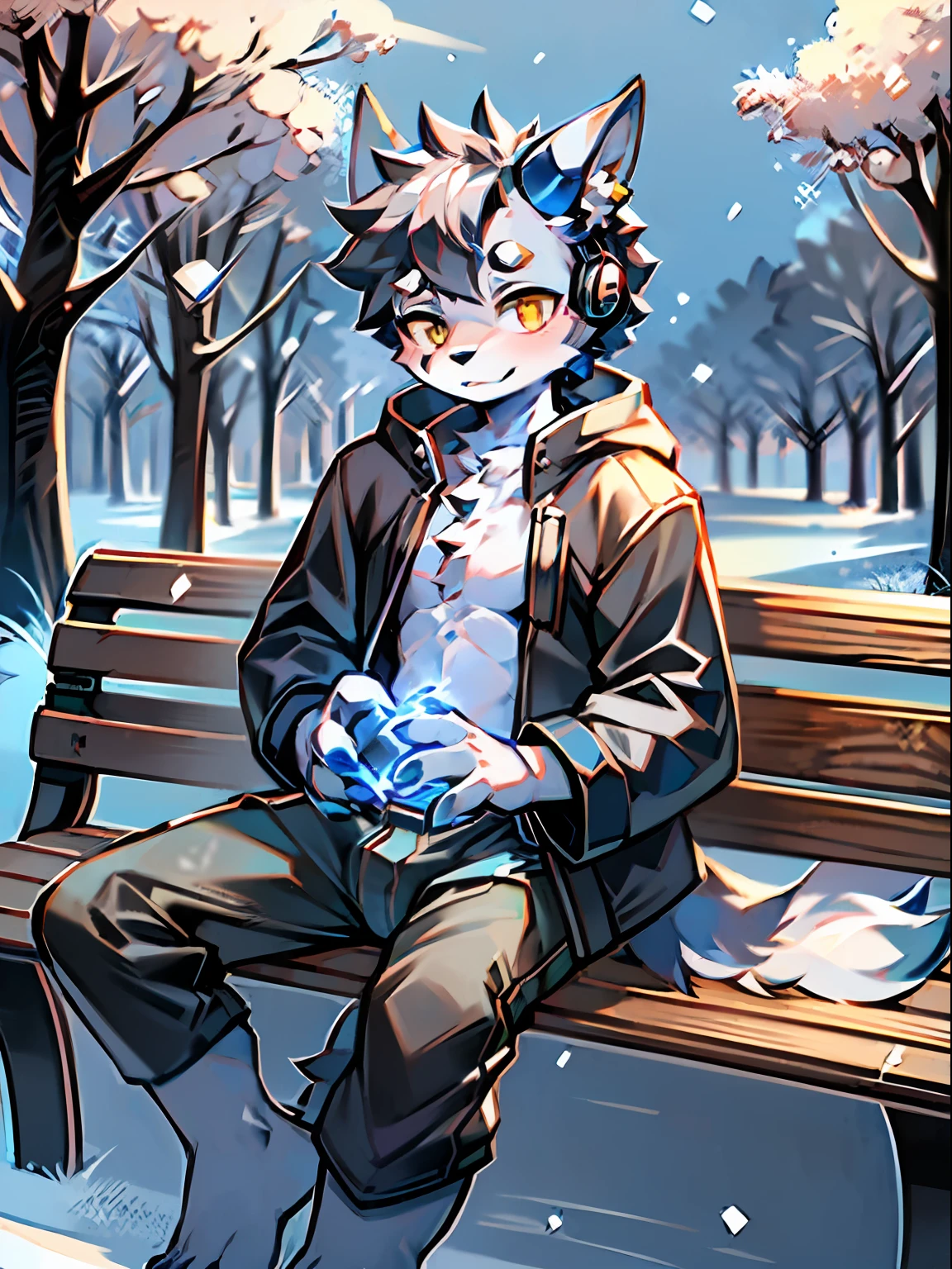 eyes with brightness, a panoramic view, Character focus ,Full body like,独奏,solo person, Correct human anatomy。male people,One blue and one yellow eye,A pair of dragon wings, Gray hair(The long),Wear white ear headphones,There is a pair on the forehead(small nipple)Blue horn fluorescence,There was a boy by his side,festivity,In the park,Falling snow,Sit on a bench,Take control of the magic,Ice floating in your hands,grey shorts,Black coat,Young style,Height one meter seven,Handsome, There is a wolf tail,Hi-Def,8K,1440*2048