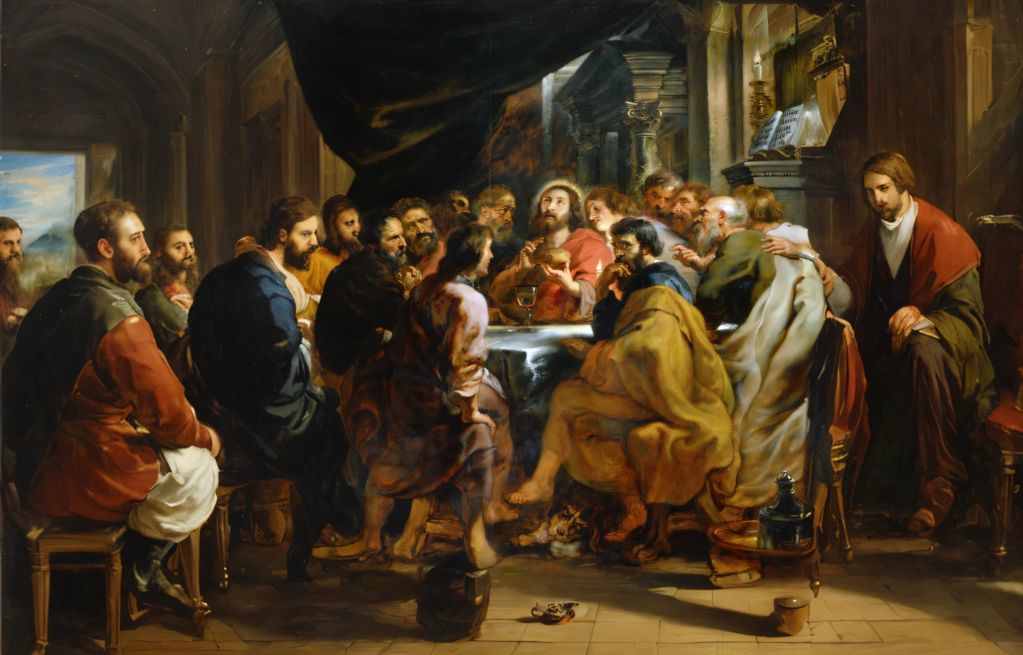 A group of people sat around the table,A painting of a man holding a cup, author:Juriaen van Streeck, author:Peter Paul Rubens, author:Jacob Jordans, author:Jan Materko, author:Gerard Siggs, author:Floris Van Dyck, author:Anthony Van Dyck, author:Caspar van Vettel, the last supper painting
