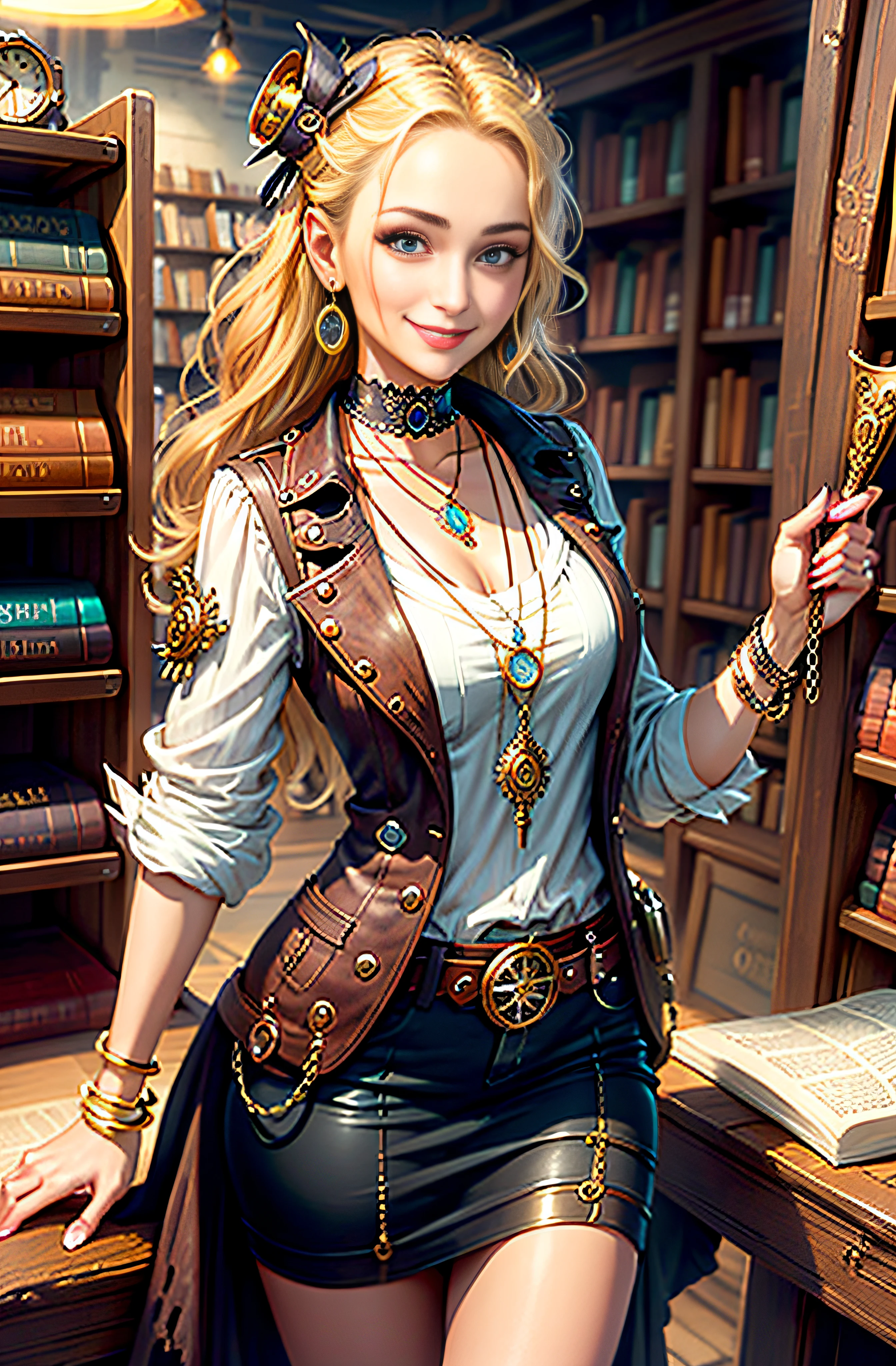 Steampunk, steampunk, smiling woman in a small bookstore, necklaces, earrings, bracelets, chains, shirts, vests, belts