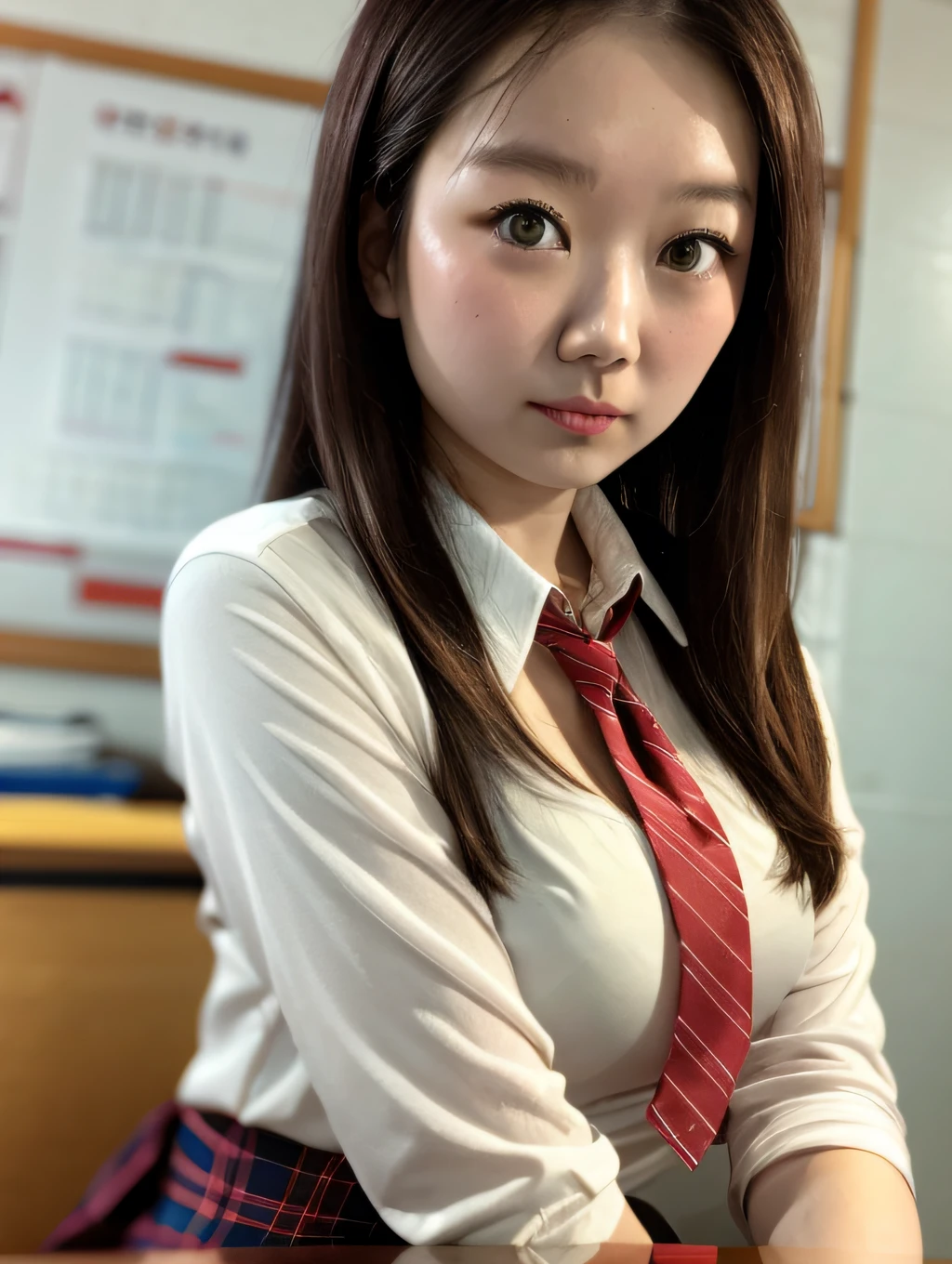 巨作, beste-Qualit, ultra hyper-detailed, illutst, colourfull, FAQ Color, depth of ﬁeld, Lens Glow, 1girl in, Sexy style, Sitting, Brunette hair, looking looking at viewer, School, ‎Classroom, Plaid pleated mini skirt, White blouse、Ribbon tie、japanese school uniform,巨乳、Delicate skin texture, Fine fabric texture, Beautiful and meticulous face,１７age