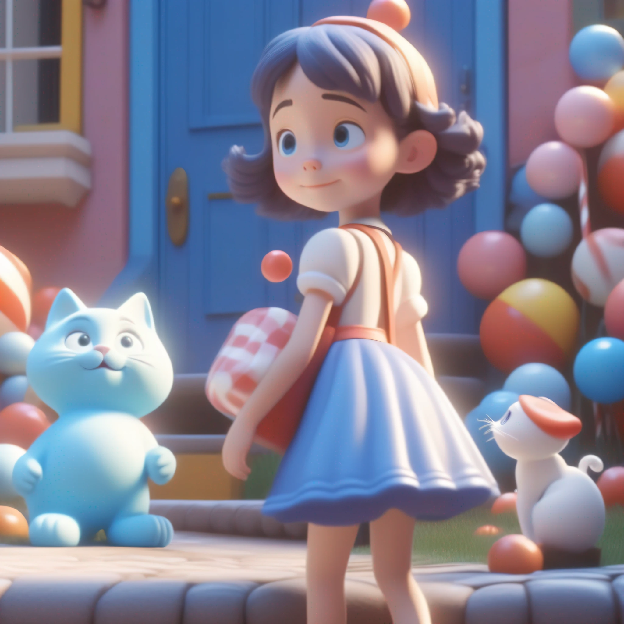 In Pixar style+Disney style+A masterpiece-level detail,Best picture quality,Bubble Matt Blue Tide Play Figure,A sweet and cute girl is accompanied by a white cat outside the candy house,Alice Wonderland style,Close-up cinematic high-detail C4D production,8K。