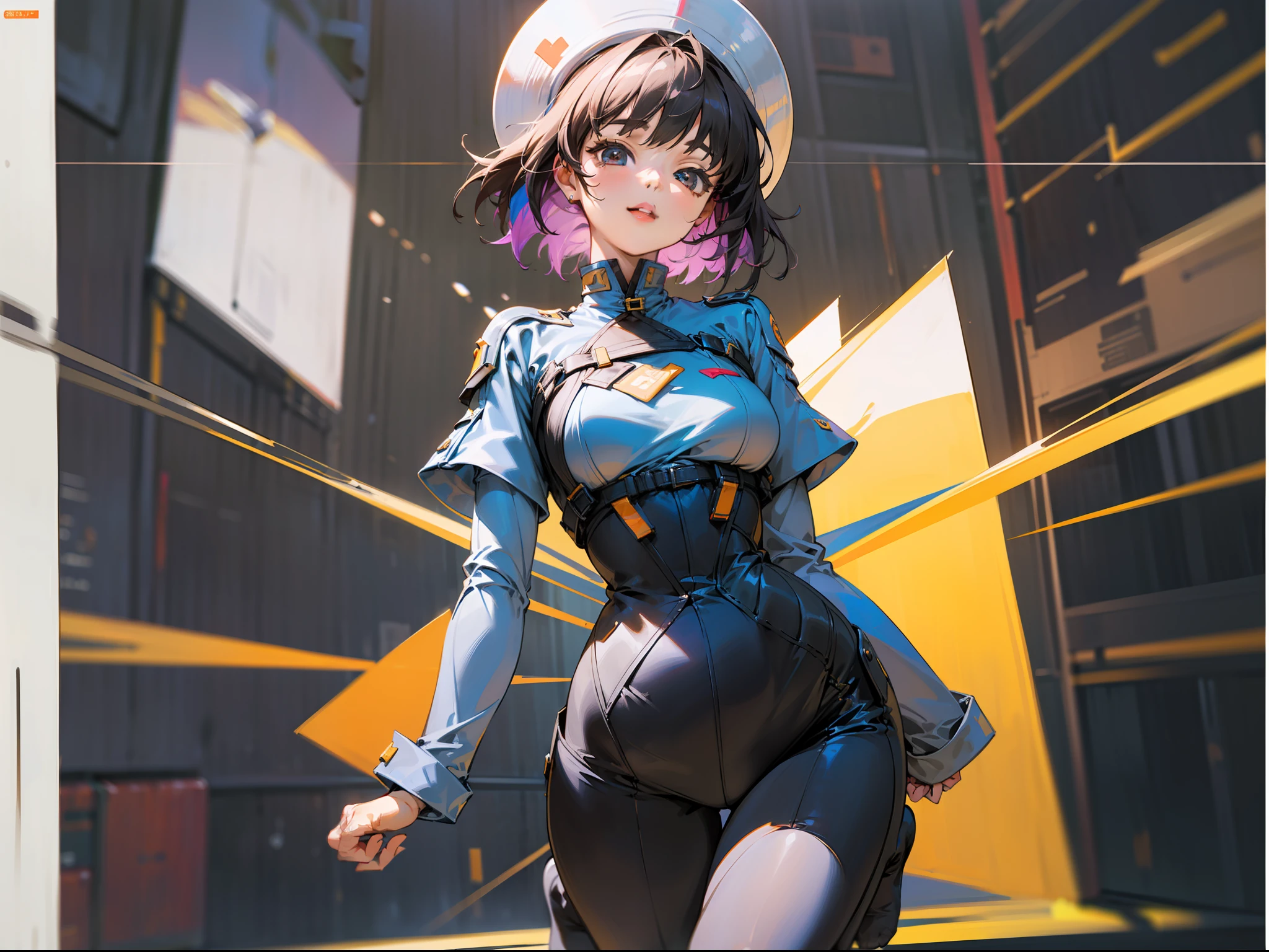 (巨作)、the detail、in 8K、((Full body photo from head to toe))、(((You're jumping big)))、Girl in tight clothes、short dark hair、Colorful inner hair、Realistic and sharp details、portrait shooting、Super Intricate Details、Ultra-fine details、Stay outside、